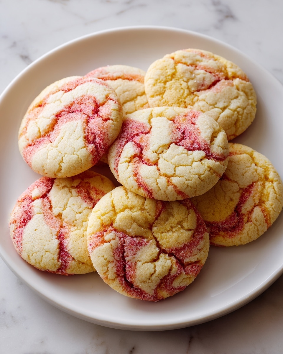 A white plate holds five round cookies stacked, showing a mix of light yellow and pink swirled dough with visible sugar crystals on top. The cookies have a slightly cracked surface, adding texture, and the plate is set on a white marbled surface. The colors of the cookies blend softly, creating a gentle contrast between the pink and yellow areas. photo taken with an iphone --ar 4:5 --v 7