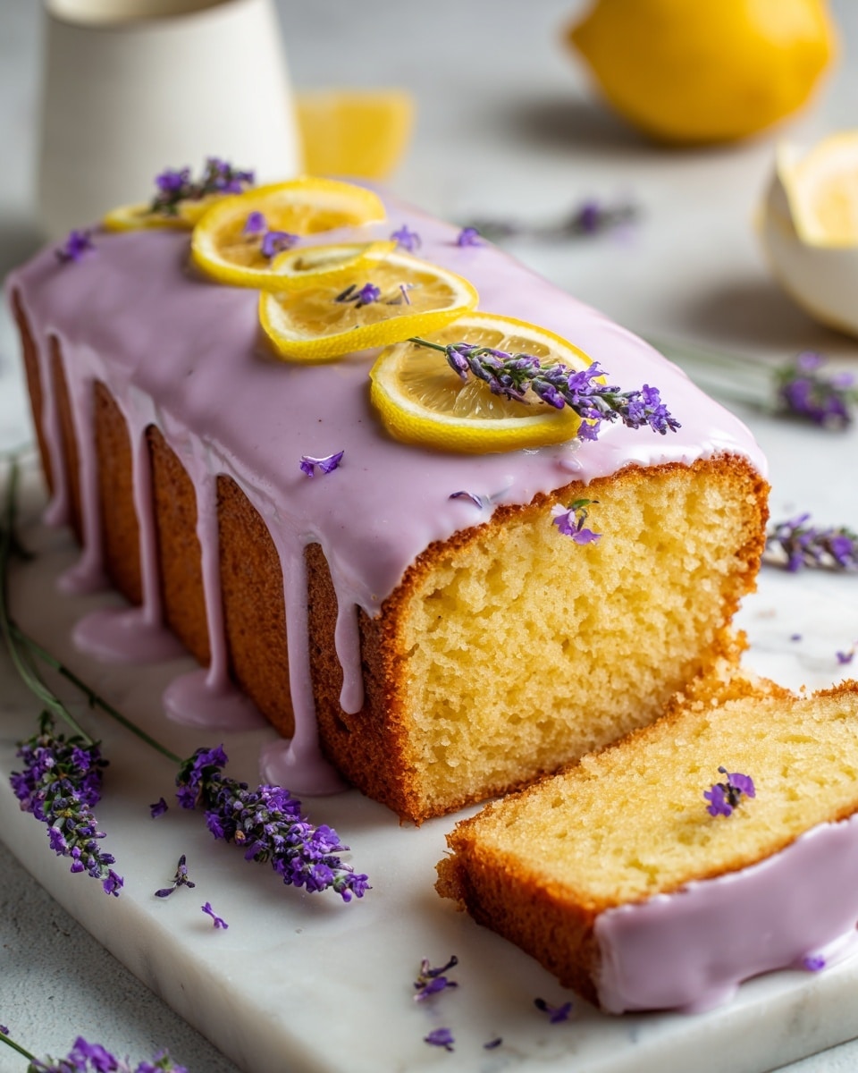 A loaf cake with a golden brown crust and a soft, light yellow inside is shown. The cake has a smooth lavender-colored icing on top. On the icing, there are thin slices of bright yellow lemon and small purple lavender flowers placed neatly. One slice is cut from the loaf and lies flat in front, with icing slightly dripping down its edge. The cake rests on crumpled parchment paper with sprigs of lavender and lemon slices scattered around, all set on a white marbled textured surface. photo taken with an iphone --ar 4:5 --v 7