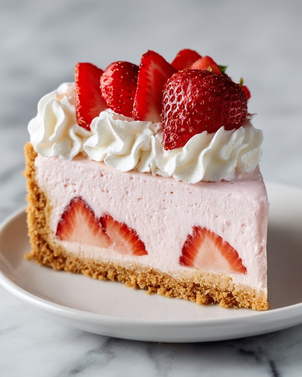 A slice of strawberry cream pie sits on a white plate, showing three distinct layers: a crumbly golden brown crust at the bottom, a thick light pink creamy filling in the middle with visible bits of strawberry, and a fluffy layer of white whipped cream on top. On the whipped cream, there are several bright red strawberry slices arranged in a neat line. The scene includes a white marbled surface beneath the plate and fresh strawberries blurred softly in the background. photo taken with an iphone --ar 4:5 --v 7
