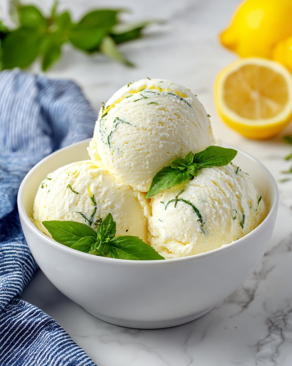 A white bowl filled with three scoops of pale yellow ice cream, each scoop layered with a thin green streak in the middle, giving a fresh, textured look. The ice cream scoops are arranged closely together, with bright green basil leaves tucked in between and around them. The bowl sits on a white marbled surface, and in the background, whole yellow lemons are softly blurred. A white cloth with green stripes is partially visible in the corner. Photo taken with an iphone --ar 4:5 --v 7