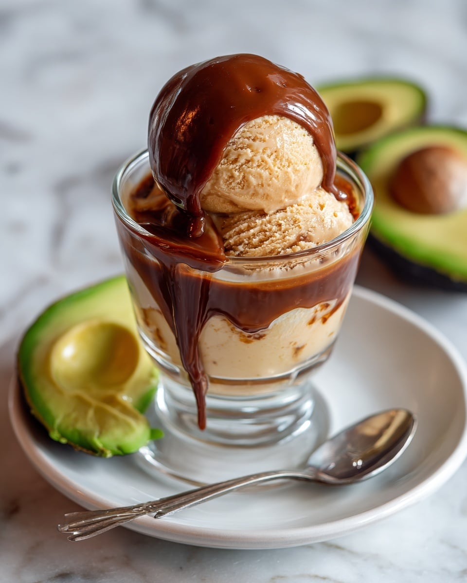 A clear glass cup filled with two layers of creamy light brown ice cream, topped with a scoop of the same light brown ice cream, which is covered by a thick, smooth dark brown sauce dripping slightly down the side; the cup sits on a white plate with a halved avocado piece on the left side and a silver spoon placed diagonally on the bottom right of the plate, all set on a white marbled surface with halved avocados blurred in the background; photo taken with an iphone --ar 4:5 --v 7