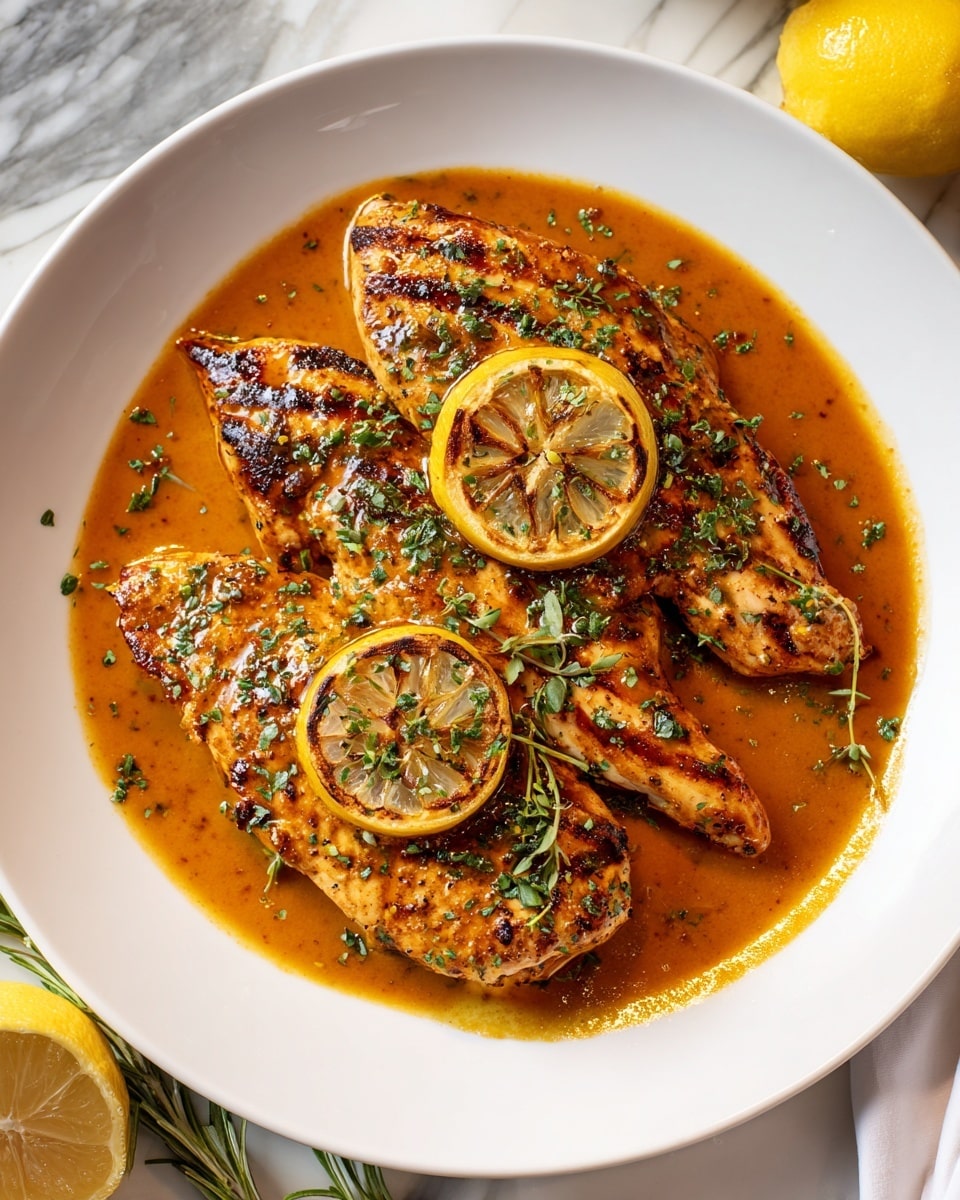 A white plate holds three pieces of golden-brown grilled chicken stacked slightly overlapping each other in the center. The chicken is covered in a shiny orange glaze sauce, pooling around the base, and sprinkled with small bits of blackened herbs and finely chopped green parsley. Two thin, slightly translucent lemon slices with visible seeds are placed on the top chicken piece, also touching the sauce and parsley. The plate sits on a white marbled surface, with a half lemon and a small bunch of parsley blurred in the background. Photo taken with an iphone --ar 4:5 --v 7