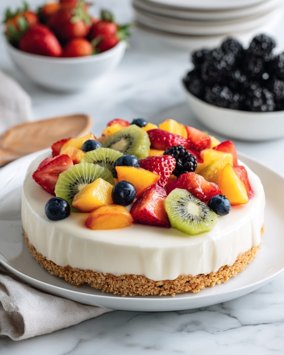 A round fruit tart is shown with three visible layers. The bottom layer is a light golden-brown cookie crust with a crumbly texture. Above the crust is a thick layer of smooth, creamy white filling spread evenly. On top, colorful sliced fruits are arranged in a scattered pattern: red strawberries cut in halves and quarters, green kiwi slices with tiny black seeds, yellow peach or mango chunks, and small dark blue blueberries. The tart is on a white plate, set on a white marbled surface, with bowls of fresh strawberries and blackberries blurred in the background. Photo taken with an iphone --ar 4:5 --v 7