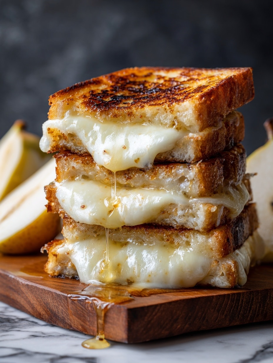 A stack of two grilled cheese sandwiches is shown close up, each sandwich cut in half to reveal thick, gooey melted cheese layers in bright white and creamy shades between golden-brown toasted bread slices. The bread is textured with crispy, darkly seared spots and a soft inner crumb. The sandwiches sit on a wooden surface with a small piece of sliced apple nearby, and the background is a blurred white marbled texture. photo taken with an iphone --ar 4:5 --v 7