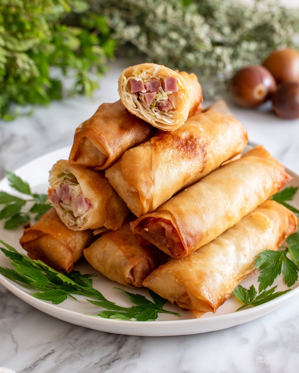 A white plate holds a stack of eight golden-brown Chinese ham rolls, each roll crispy with a slightly shiny fried surface. One roll is cut in half and placed on top, revealing three layers of filling inside: a light yellow shredded vegetable layer, a darker brown ham piece, and a small amount of white cabbage or similar vegetable, all tightly wrapped in a thin, crispy golden-brown wrapper. The plate is garnished with green leafy herbs around the edges, and there is a small white bowl of reddish-orange dipping sauce visible in the background on a white marbled surface. photo taken with an iphone --ar 4:5 --v 7