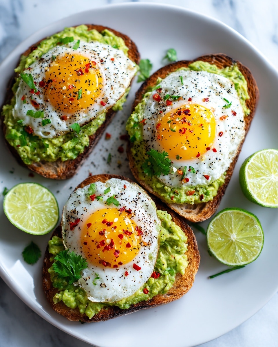 Three pieces of toasted bread form the base, each topped with a layer of mashed avocado spread evenly with a creamy, bright green texture. On top of the avocado on each slice lies a perfectly cooked sunny-side-up egg with a vibrant orange yolk surrounded by soft white. The eggs are sprinkled with black pepper and red chili flakes, adding specks of black and red over the smooth avocado and egg white. The toasts rest on a white plate with lime wedges and some green parsley visible on the left side, all placed on a white marbled surface. Photo taken with an iphone --ar 4:5 --v 7