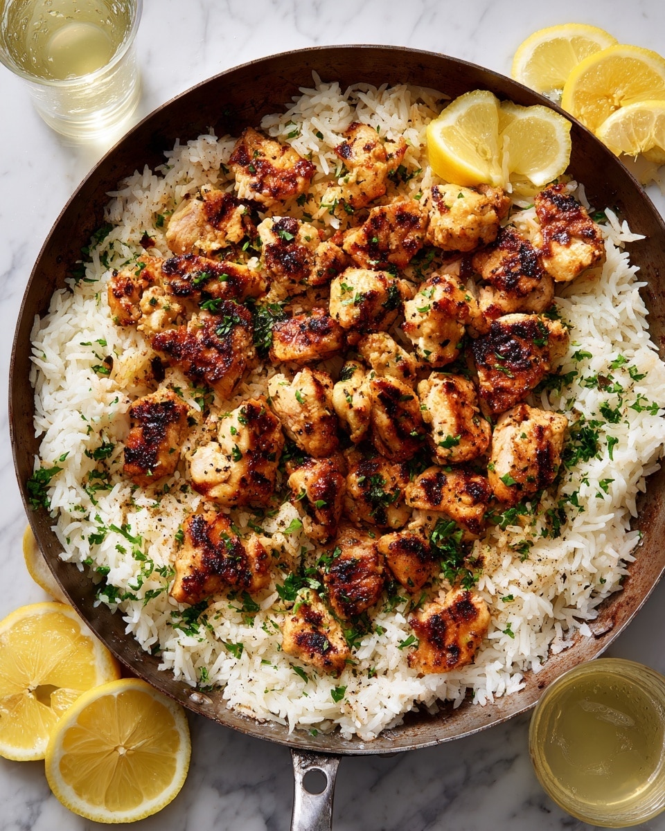 A close-up top view of a round metal pan filled with two layers: the bottom layer is a bed of light yellow cooked rice with a soft, fluffy texture, while the top layer consists of golden-brown grilled chicken pieces scattered evenly over the rice, each piece showing a nicely cooked surface with slight char marks. The chicken is sprinkled with small bits of chopped green herbs. The pan sits on a white marbled surface with some lemon slices garnished with herbs in the upper left corner and a whole lemon in the lower right. A glass of light-colored drink is placed in the upper right. Photo taken with an iphone --ar 4:5 --v 7