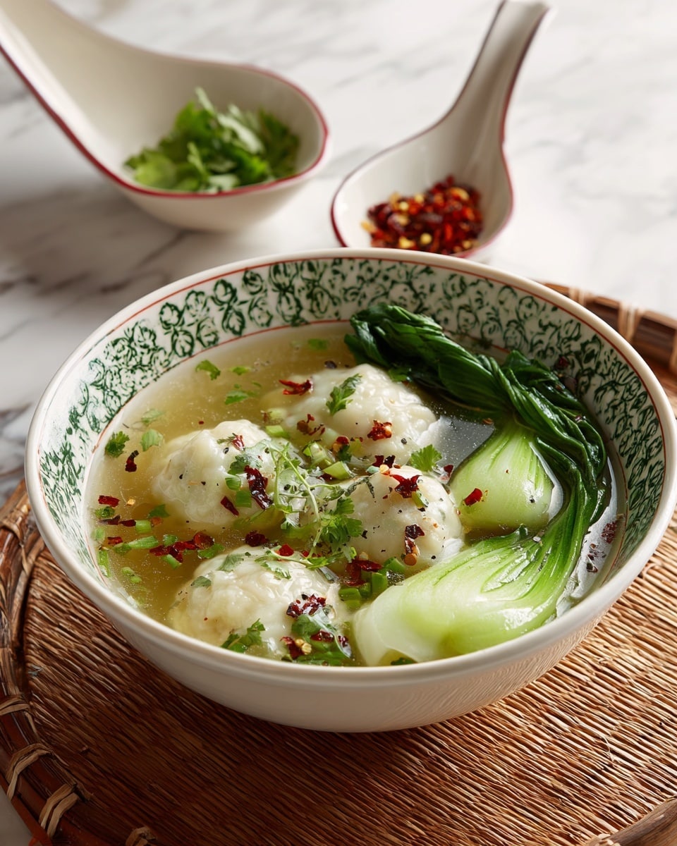 A white oval bowl with a slight green pattern holds a clear broth with four white dumplings placed along the bottom and left sides and two bright green bok choy heads on the right side; the broth has scattered red chili flakes and a small amount of oil on the surface, with some green herb pieces sprinkled on top of the dumplings. The bowl sits on a woven beige mat over a wooden table, with two small white bowls with red edges in the background—one filled with crushed red chili flakes and the other with chopped green onions. Photo taken with an iphone --ar 4:5 --v 7