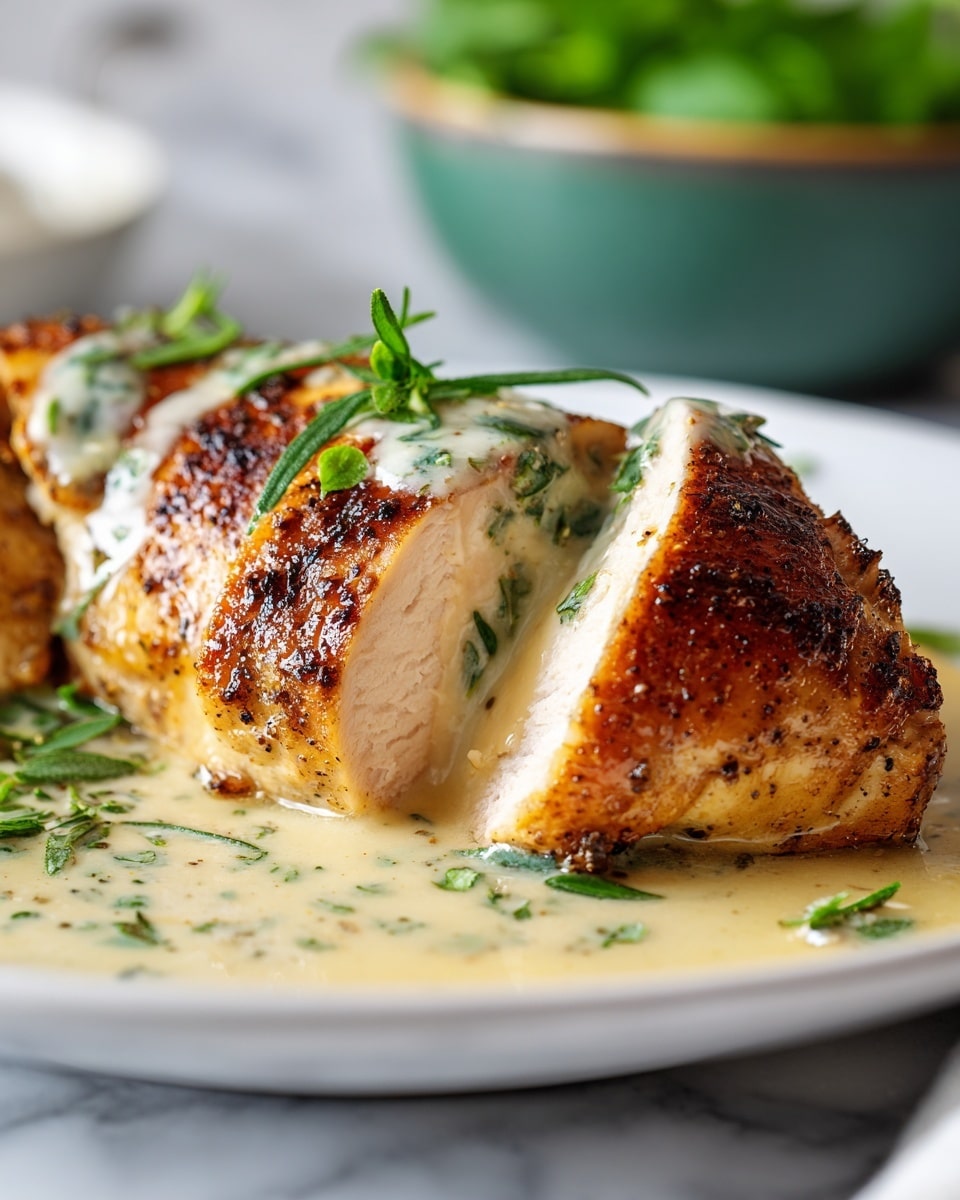 A close-up of a cooked chicken breast sliced into two thick pieces, showing its white, tender inside and golden-brown, slightly crispy outside. It sits on a white plate covered in creamy sauce flecked with green herbs and black pepper, some sauce dripping off the chicken onto the plate. In the blurred background, a small bowl with green garnish and a pepper grinder are visible, all set on a white marbled surface. The lighting highlights the texture and moistness of the chicken and the richness of the sauce. Photo taken with an iphone --ar 4:5 --v 7