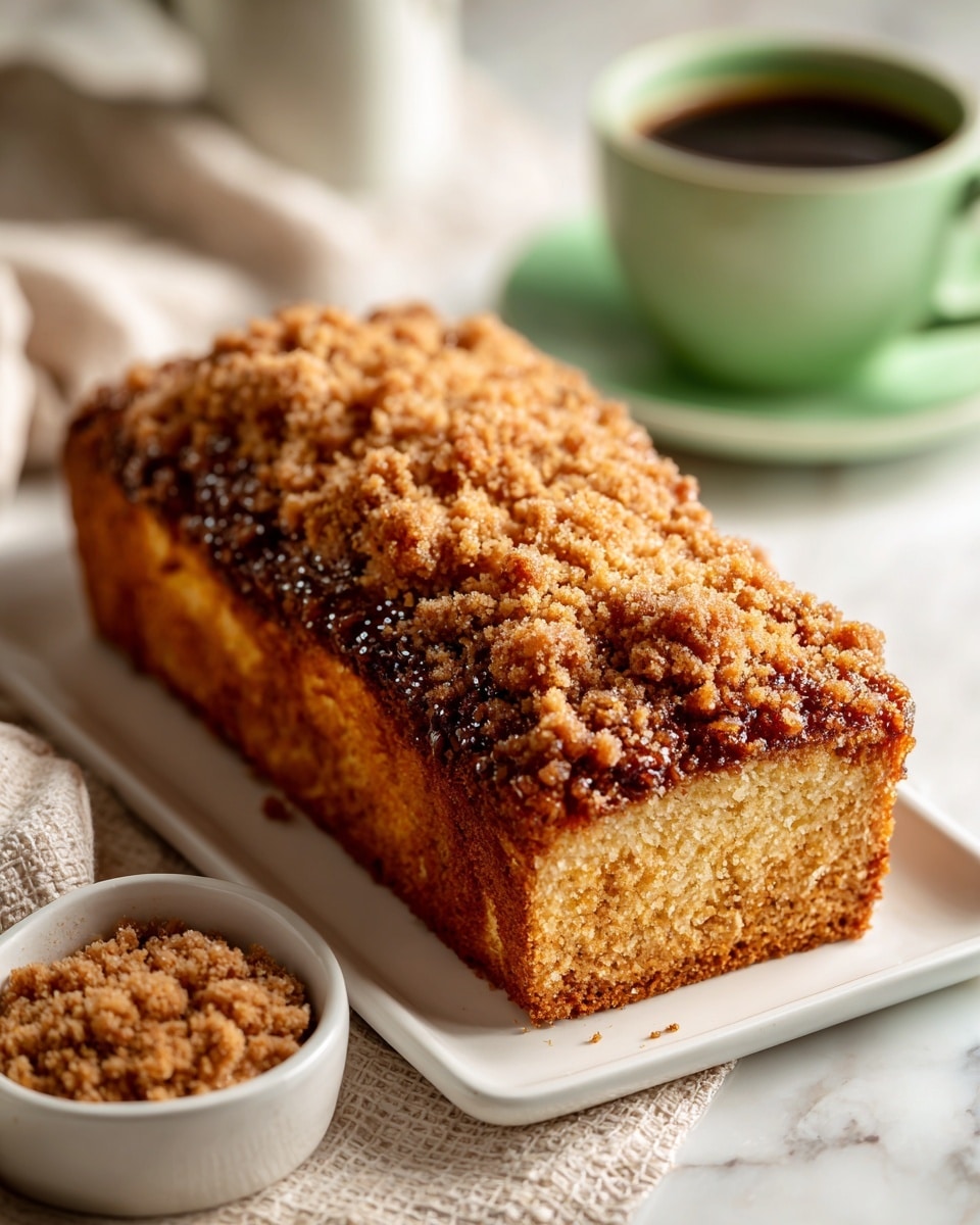 A golden-brown crumb cake loaf sits on a white rectangular plate, topped with a rough, crunchy layer of darker brown streusel that has a sugar-glazed texture sparkling lightly. The cake itself shows a soft, slightly cracked surface beneath the crumb topping, with a moist texture visible along the edges. A small white bowl filled with loose crumb topping sits nearby on a white marbled surface, alongside a light beige textured cloth on the left. In the blurred background on the right, there is a pale green cup filled with dark coffee. The scene is softly lit to highlight the textures and warm tones of the cake. photo taken with an iphone --ar 4:5 --v 7