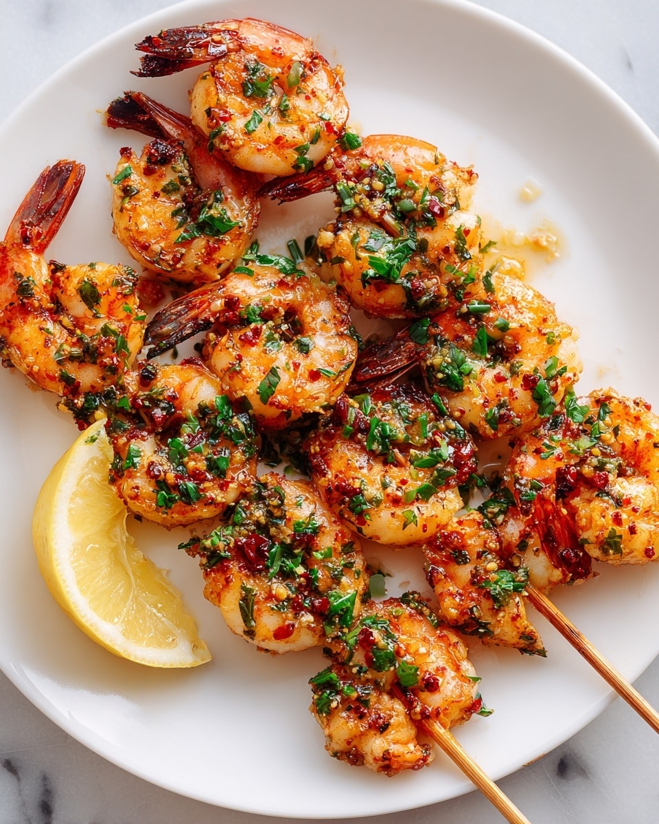 A white plate holds three wooden skewers filled with grilled shrimp. The shrimp are orange with slight char marks and are covered with finely chopped green herbs and spices, adding flecks of green and red across their surfaces. The shrimp curl around the skewers in neat rows, and underneath the skewers, thin slices of pale yellow lemon are visible. Small bits of herbs are scattered around the plate. The plate sits on a white marbled surface. Photo taken with an iphone --ar 4:5 --v 7