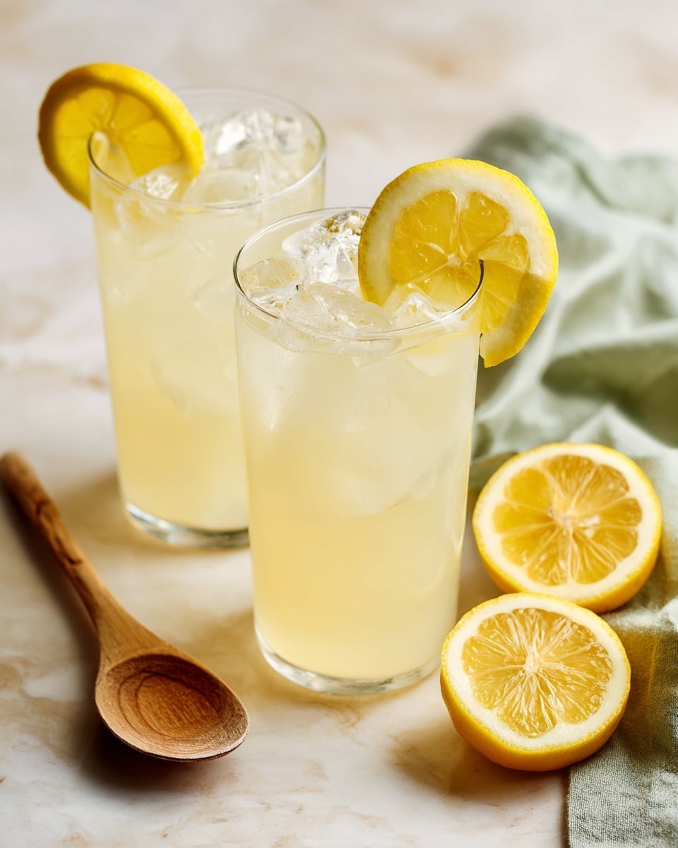 Two clear glasses filled with pale yellow lemonade and ice cubes are placed on a white marbled surface. Each glass has a thin slice of lemon inside, pressed against the glass near the top, and one glass is garnished with a lemon wedge on the rim. To the right side, there are three lemon slices lying flat on the white marbled surface, next to a folded muted green cloth. A wooden spoon is placed next to the glasses on the left. The background is softly blurred with green and warm yellow tones, suggesting an outdoor setting. photo taken with an iphone --ar 4:5 --v 7