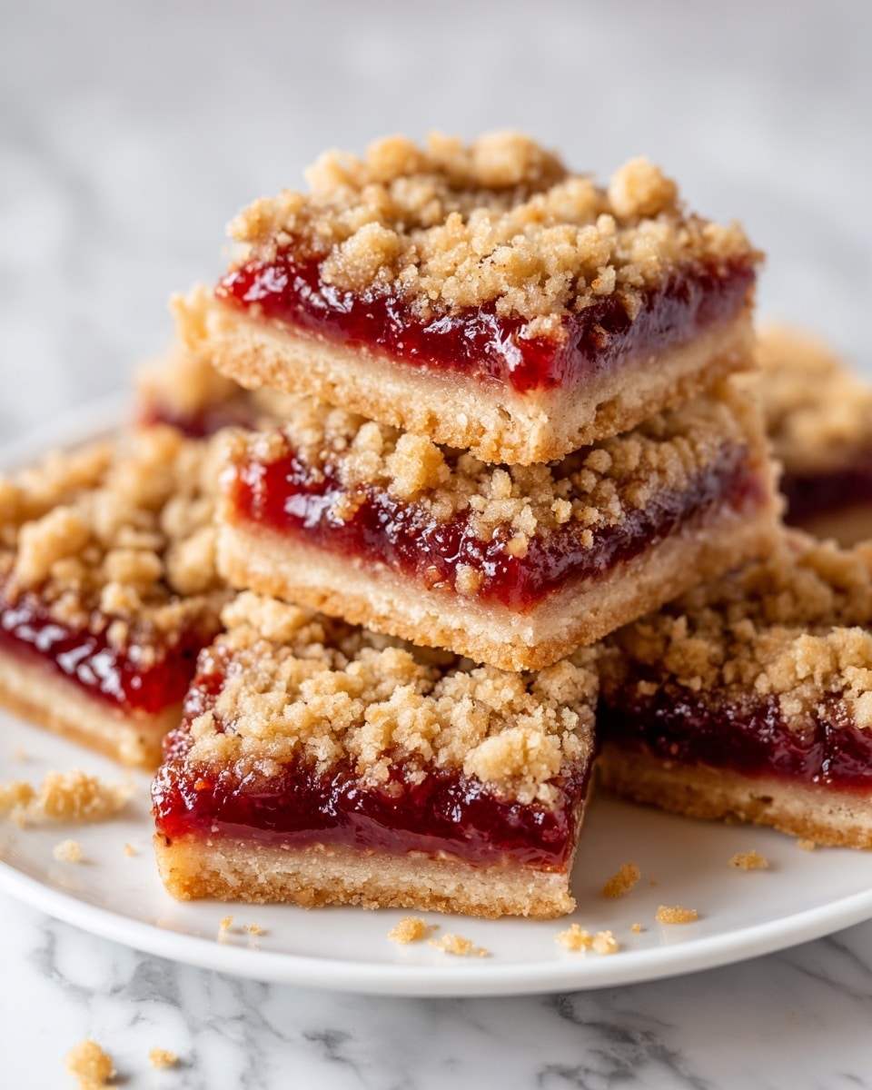 The image shows four square crumb bars on a white plate, placed on a white marbled background. Each bar has three visible layers: the bottom layer is a golden brown crust that looks firm and slightly crumbly, the middle layer is a bright red jam that appears smooth and glossy, and the top layer is a thick, crumbly oat topping with a toasted golden color. The bars have uneven crumbs on top, adding texture, and some small crumbs are scattered around on the plate. Photo taken with an iphone --ar 4:5 --v 7
