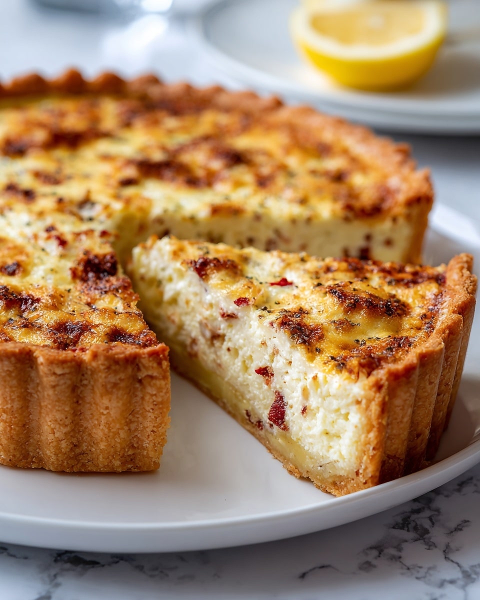 A close-up view of a creamy quiche with a golden-brown, flaky crust forming a thick, crimped edge around the pie. The first layer is a light brown, firm pastry base, topped with a thick, smooth, pale yellow custard filling that is firm and slightly glossy. Scattered evenly across the custard are small pieces of red, translucent diced vegetables or fruit, adding pops of color. One slice is cut and slightly lifted, showing the smooth texture and thickness of the filling compared to the crust. The quiche sits on a white plate, all placed on a white marbled surface. Photo taken with an iphone --ar 4:5 --v 7