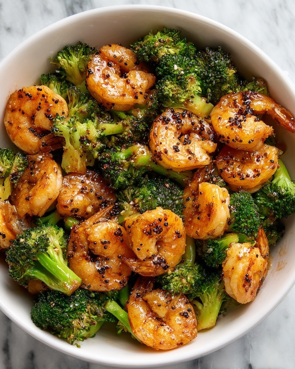 A close-up view of a white bowl filled with cooked shrimp and broccoli. The dish has two main layers: the bottom layer is made of vibrant green broccoli florets with a slightly rough texture, and the top layer is a generous amount of golden-brown shrimp that are curled and shiny, coated with a dark, glossy sauce that has visible black pepper specks. The shrimp and broccoli are mixed evenly, creating a rich contrast between the green and brown colors. The bowl sits on a white marbled surface. photo taken with an iphone --ar 4:5 --v 7
