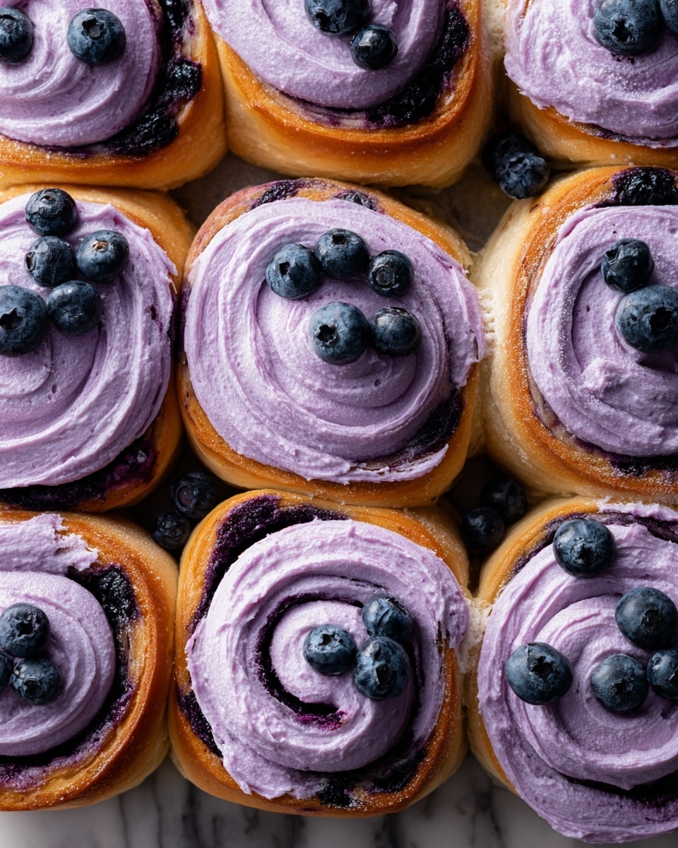 The image shows a baking tray filled with twelve soft, round cinnamon rolls arranged in a 4 by 3 grid. Each roll has a golden-brown dough base with visible swirls of dark purple blueberry filling inside. The rolls are generously topped with thick, creamy lavender-colored blueberry frosting that has a smooth and slightly fluffy texture, with some parts spreading over the edges. Fresh, plump whole blueberries are scattered on top of the frosting, adding a pop of deep blue color. The tray is placed on a white marbled texture surface. photo taken with an iphone --ar 4:5 --v 7