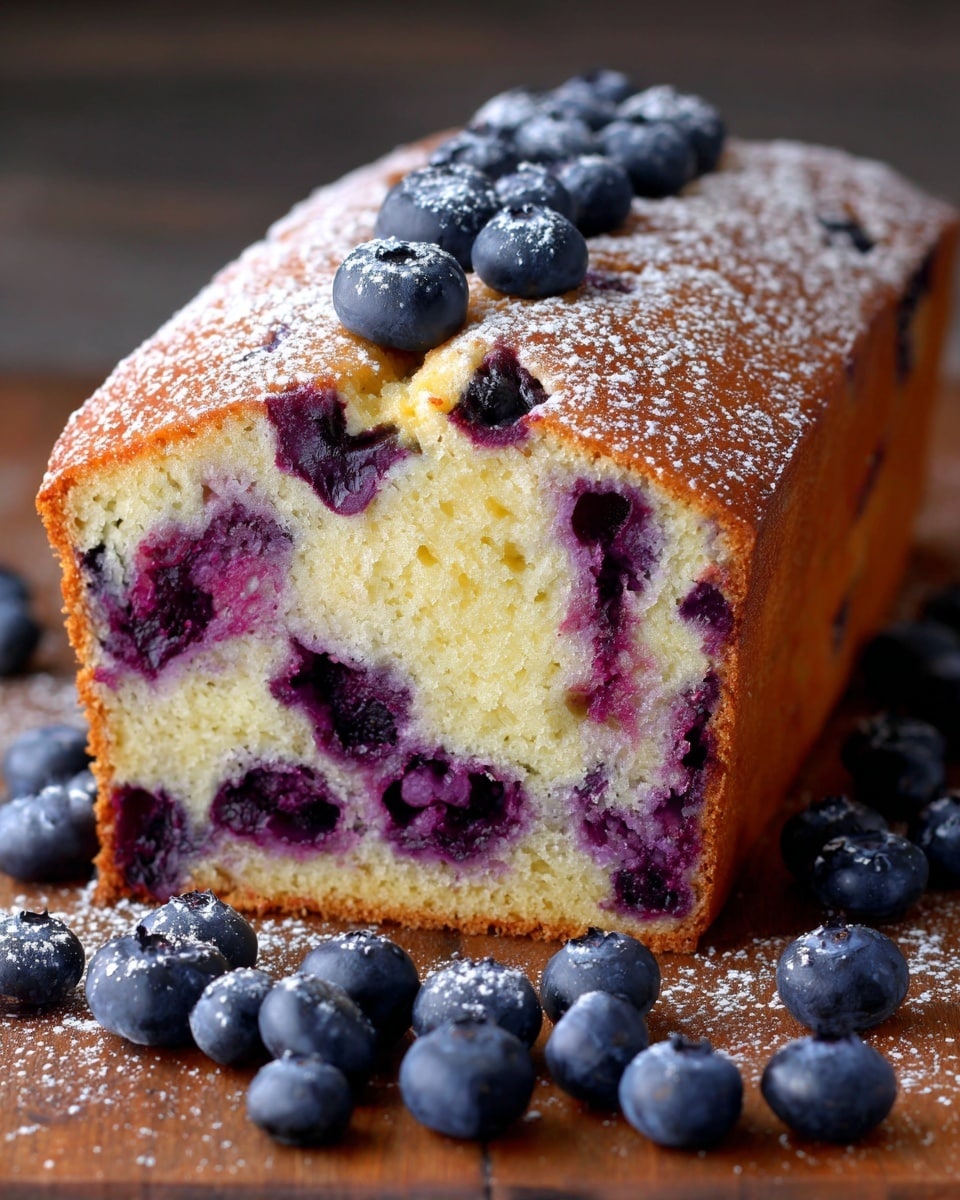 A golden brown loaf cake with deep purple swirls of blueberry throughout its surface, showing a lightly cracked top revealing a soft, creamy interior. The cake’s crumb is fluffy and moist, dusted lightly with powdered sugar that contrasts gently with the warm, baked color. Around the cake, plump fresh blueberries are scattered on a wooden surface. The top of the cake has a smooth yet slightly textured finish with darker blueberry spots peeking through the layers. photo taken with an iphone --ar 4:5 --v 7