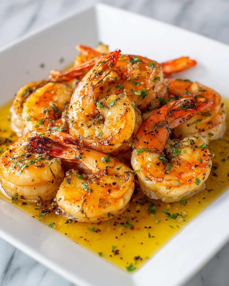 A white square plate filled with a single layer of large shrimp, cooked to a golden orange with seared marks, sitting in a bright yellow garlic butter sauce speckled with black pepper and finely chopped green herbs. The shrimp are closely packed, each showing its orange tail and glistening from the sauce that pools slightly at the bottom of the plate. The green herbs sprinkle evenly across the shrimp, adding a fresh contrast to the rich colors. The background is a white marbled texture. photo taken with an iphone --ar 4:5 --v 7
