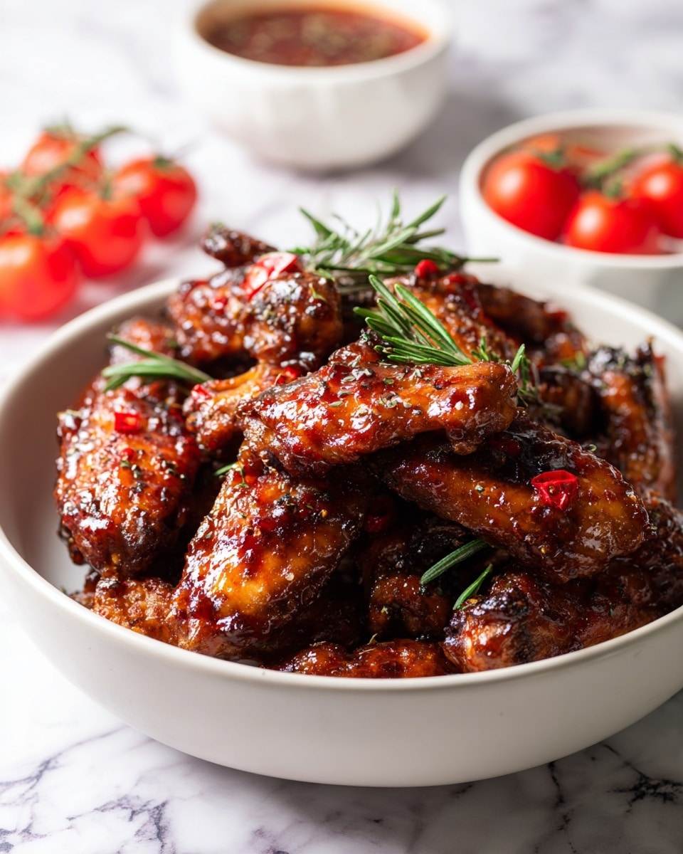 A large white bowl is filled with many shiny, glazed chicken wings covered in a dark reddish-brown sauce, with a few small bits of red pepper visible on the wings. The wings are stacked naturally with some wings lying flat and others resting on top, creating a layered look. Small green rosemary sprigs are placed on the wings for a touch of color. In the blurry background, there are white bowls holding sauce and bright red cherry tomatoes on their stems. The scene is set on a surface with a white marbled texture. photo taken with an iphone --ar 4:5 --v 7