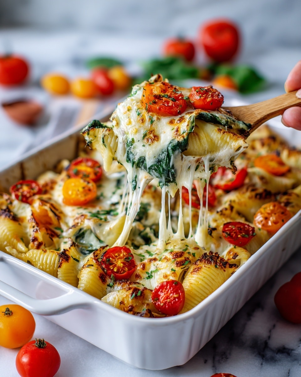 A close-up view of a baked pasta dish in a white rectangular baking dish on a white marbled surface. The dish has three main visible layers: the bottom layer is cooked pasta with a creamy yellow sauce, the middle layer has bright green spinach leaves and halved red and orange cherry tomatoes, and the top layer is melted, gooey white cheese stretching as a wooden spatula lifts a portion. A woman's hand is holding the spatula. The cheese stretches in long strings over the spinach and tomatoes, showing a rich, cheesy texture. Photo taken with an iphone --ar 4:5 --v 7