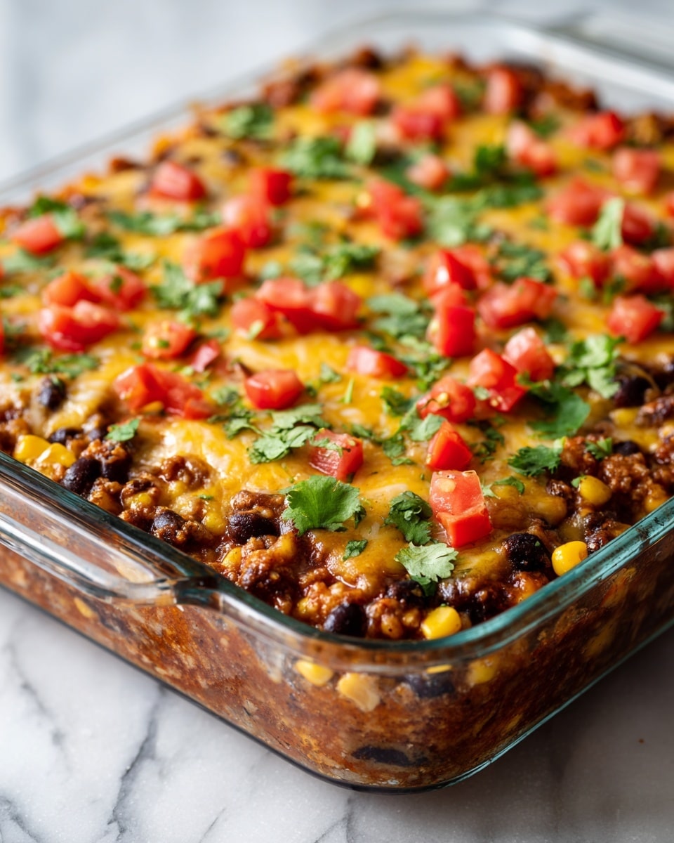 A clear glass square dish shows a layered casserole with distinct textures and colors. The bottom layer is a mix of rice and dark beans, topped with a thick brown sauce. Over this, there is a layer of black beans and corn, then melted yellow cheese covers the entire top. Bright green cilantro leaves and small red tomato pieces are scattered on the cheese for a fresh look. The dish sits on a white marbled surface. photo taken with an iphone --ar 4:5 --v 7