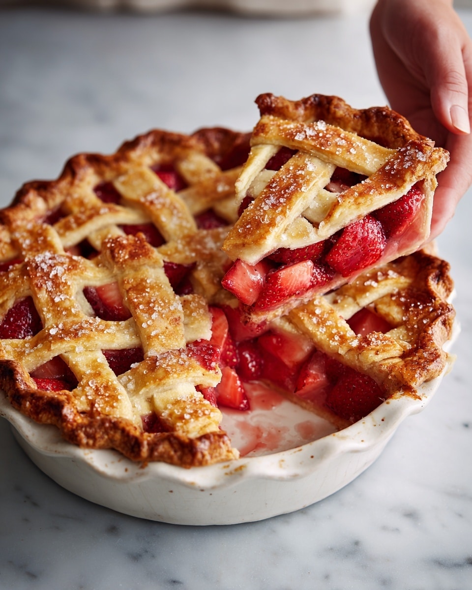 The image shows a round pie in a white pie dish placed on a white marbled surface, with a slice removed to reveal its inside. The pie has a golden-brown lattice crust on top with sugar crystals adding sparkle. Underneath the crust, bright red chunks of cooked strawberries fill the inside, showing a juicy and thick texture. The edge of the crust is raised and crimped, with a slightly darker baked color. A woman's hand is gently holding the edge of the pie dish. Photo taken with an iphone --ar 4:5 --v 7
