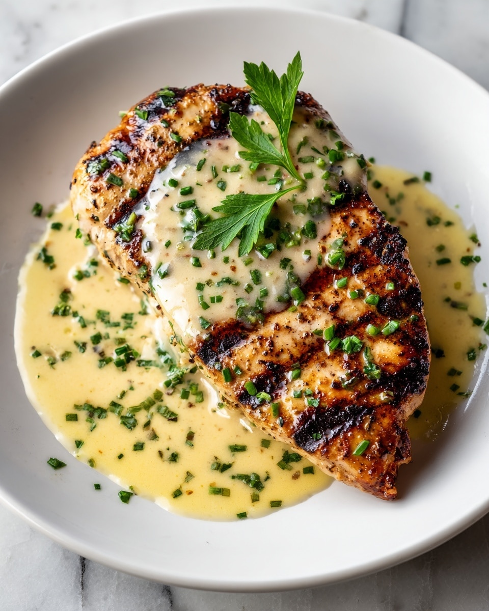 The image shows a close-up of a grilled chicken breast sitting on a white plate. The chicken is golden brown with visible grill marks and has a creamy light yellow sauce poured over it, covering the top and some sides. There are finely chopped green herbs sprinkled over the chicken and sauce, adding bright green specks. A sprig of larger green herbs sits on top of the chicken as garnish. The plate is placed on a white marbled surface. Photo taken with an iphone --ar 4:5 --v 7