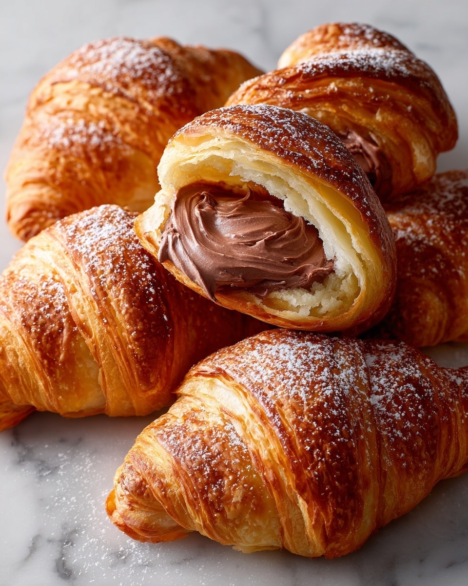 The image shows a close-up of five croissants filled with chocolate cream. Each croissant is golden brown with a flaky, crispy outer layer wrapped around soft, light layers inside. One croissant is cut open in the center, revealing smooth, creamy, chocolate filling spilling out, its shiny texture contrasting with the matte pastry. The croissants are dusted with powdered sugar, giving a light white powder on top. They rest closely together on a white marbled surface. A woman's hand is gently holding one croissant from the side. Photo taken with an iphone --ar 4:5 --v 7