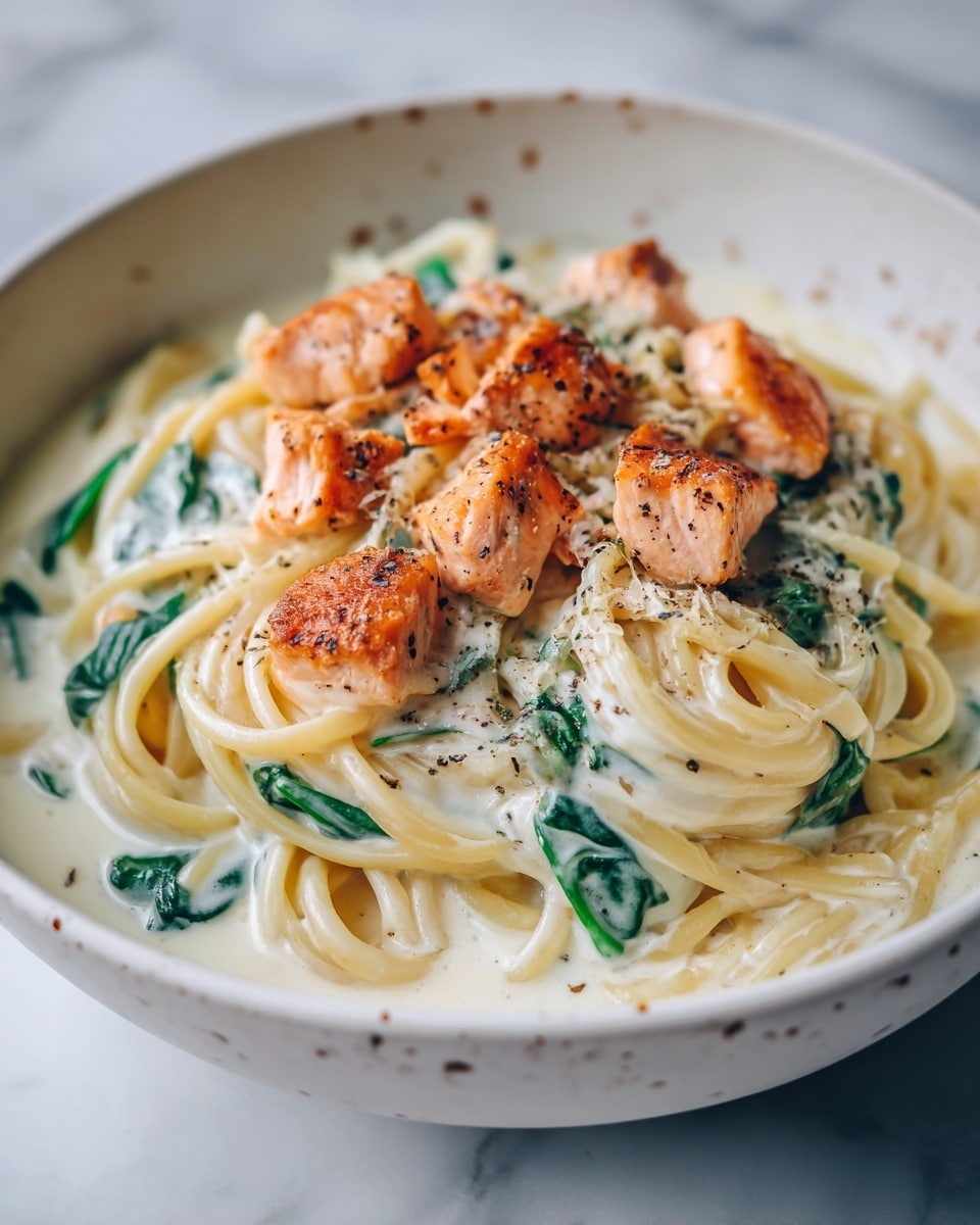 A deep white bowl filled with creamy spaghetti noodles twisted into a loose mound with three layers visible: the first layer is the pale yellow spaghetti coated in a smooth, white creamy sauce, the second layer has dark green spinach leaves scattered unevenly among the noodles, and the top layer features chunks of seared salmon in a pink-orange color with crispy browned edges, all sprinkled with cracked black pepper for texture. The bowl sits on a white marbled surface, with a silver fork partially visible on the right side. photo taken with an iphone --ar 4:5 --v 7