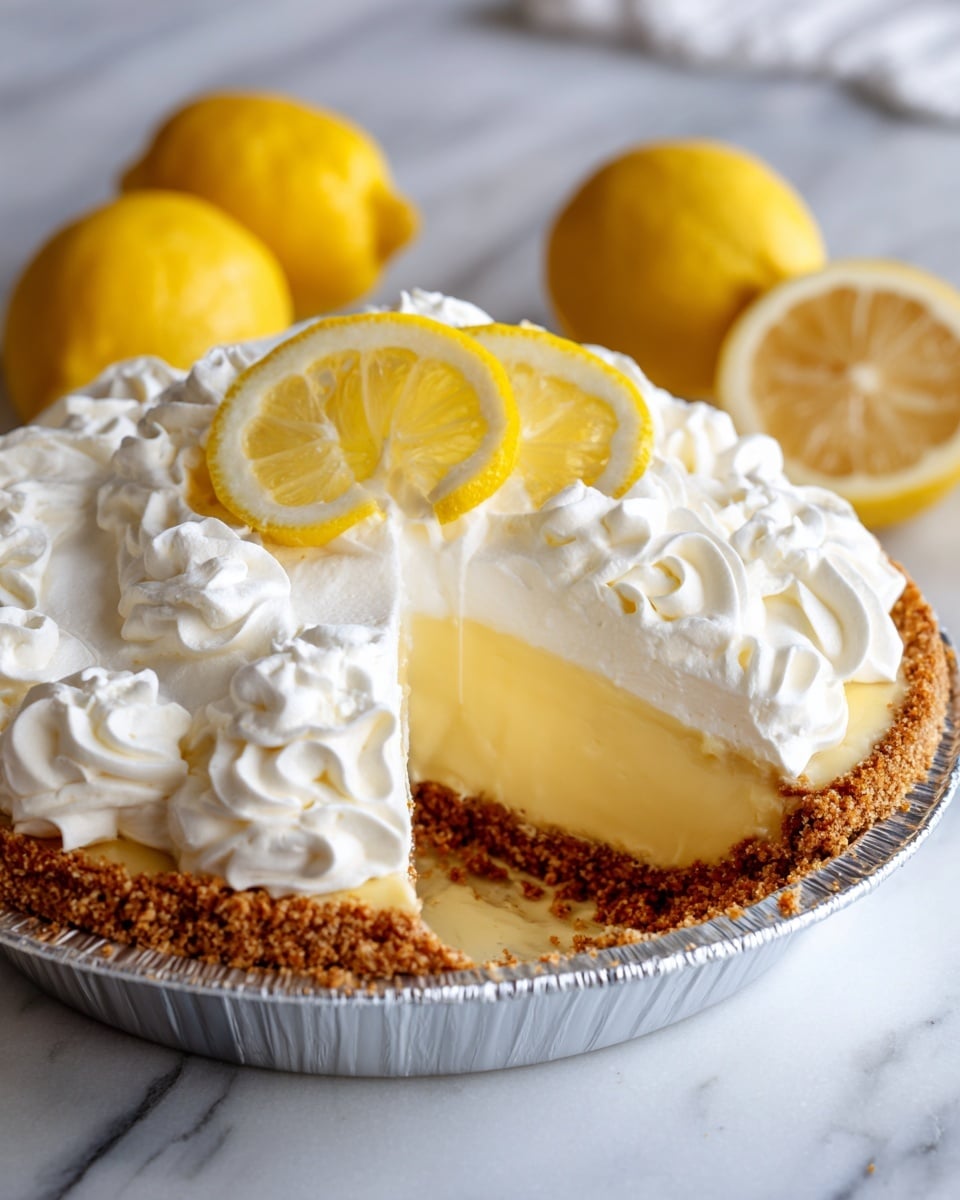 A lemon pie with four visible layers is shown in a silver pie tin on a white marbled texture. The bottom layer is a crumbly, light brown crust that holds a pale yellow, smooth lemon filling layer above it. On top of the lemon filling, there is a thick white creamy layer followed by a layer of whipped cream with soft swirls around the edge. The pie is decorated with thin lemon slices placed in a circle on the whipped cream near the center. The background includes whole yellow lemons slightly out of focus. photo taken with an iphone --ar 4:5 --v 7