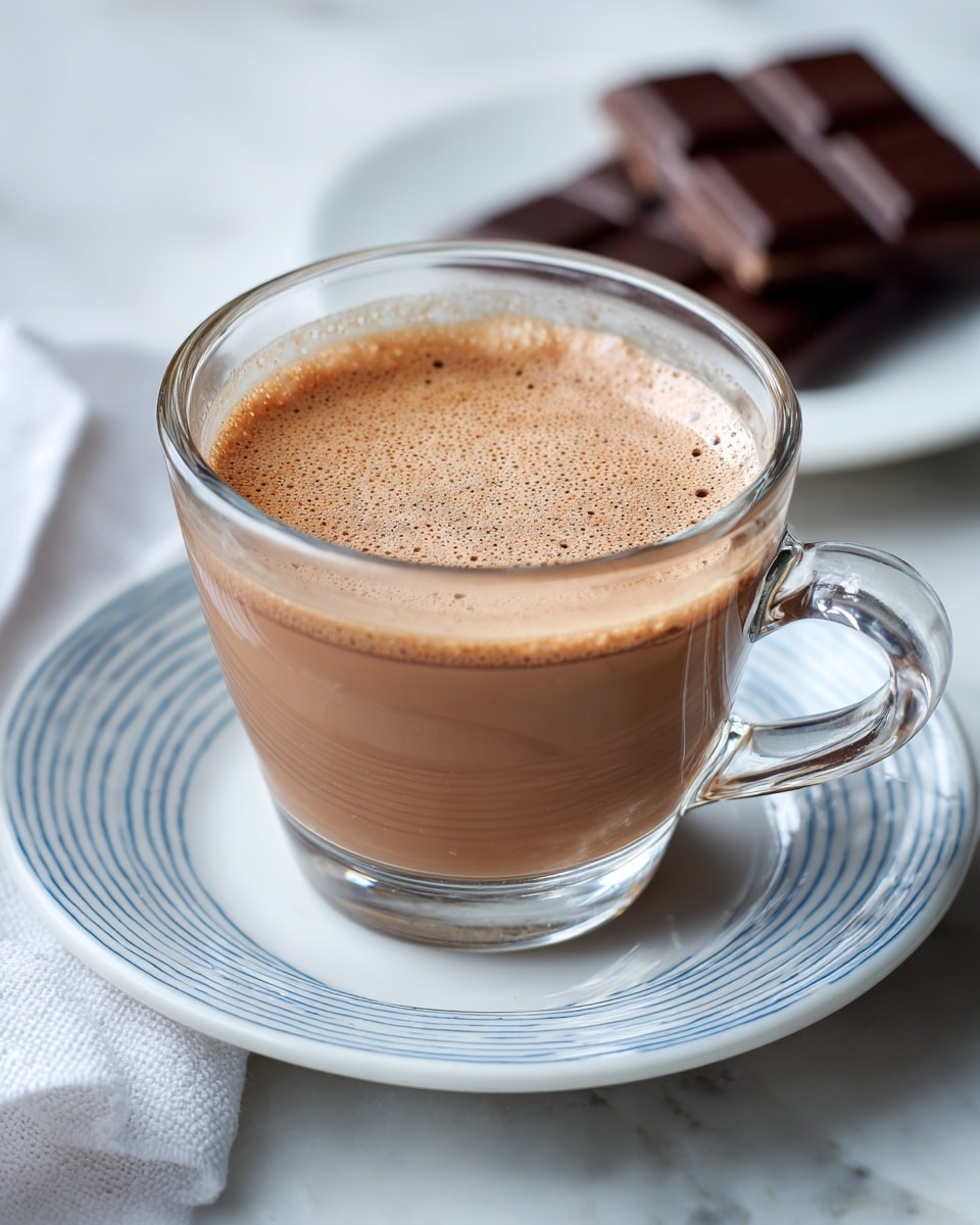 A clear glass cup with a handle is filled with smooth, light brown hot chocolate. The cup sits on a white saucer with thin blue rings around the edge. The hot chocolate has a creamy surface with no froth or foam. In the background, there are two pieces of dark chocolate, and the whole scene is set on a white marbled surface. Photo taken with an iphone --ar 4:5 --v 7