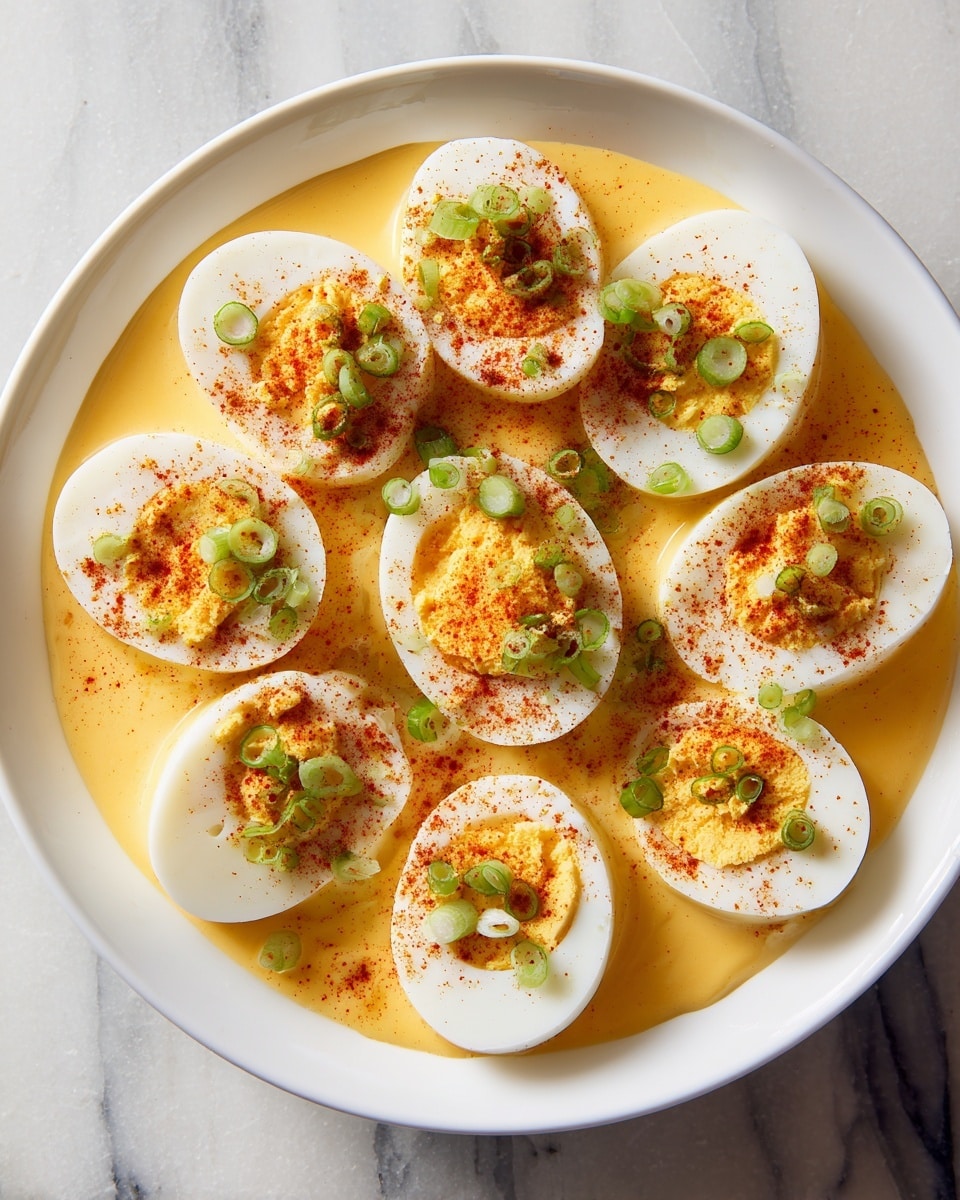 The image shows a white bowl filled with halved boiled eggs arranged in a single layer, each egg having a smooth, pale yellow yolk center surrounded by firm white egg whites. On top of the eggs, there is a thick, creamy yellow sauce spread unevenly, with small green onion pieces sprinkled generously across the dish. A reddish-orange powdered spice is scattered over the sauce, creating a nice contrast with the yellow and white colors. The bowl is set on a white marbled surface. Photo taken with an iphone --ar 4:5 --v 7