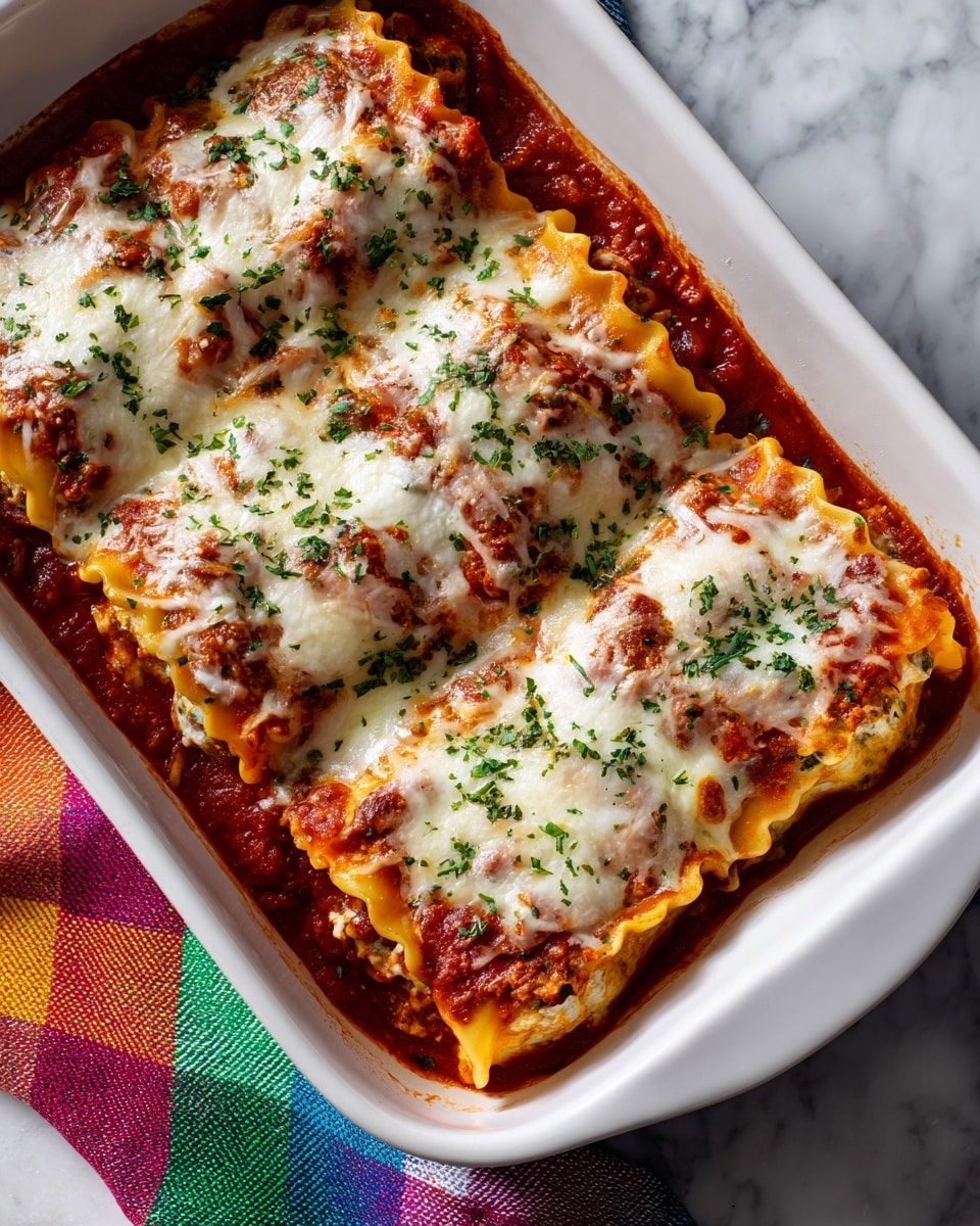 A white rectangular baking dish filled with a baked lasagna, showing three visible layers: the bottom layer is a thick red tomato sauce mixed with browned ground meat; the middle layer consists of soft, pasta sheets topped with white, melted ricotta cheese; the top layer is a golden melted mozzarella cheese blanket with small brown spots, sprinkled with chopped green parsley. The edges have slightly browned sauce bubbling around. The white marbled surface beneath the dish adds a clean contrast, and there is a rainbow-colored cloth partially visible on the left side. Photo taken with an iphone --ar 4:5 --v 7