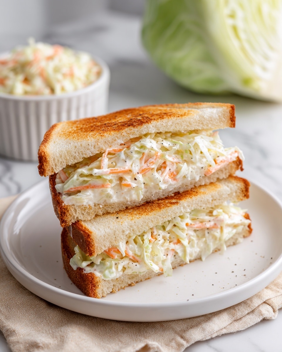 A white round plate holds a sandwich cut into two triangular halves stacked on top of each other, showing three layers: the top and bottom layers are light brown toasted bread with a soft, airy texture, while the middle layer is creamy coleslaw made of shredded pale green cabbage and thin orange carrot strips mixed in a white dressing speckled with black pepper. The sandwich is placed on a white marbled surface with a warm beige cloth partially visible at the bottom. In the blurred background, a white ridged ramekin holds more coleslaw, and part of a fresh cabbage head is also visible. photo taken with an iphone --ar 4:5 --v 7