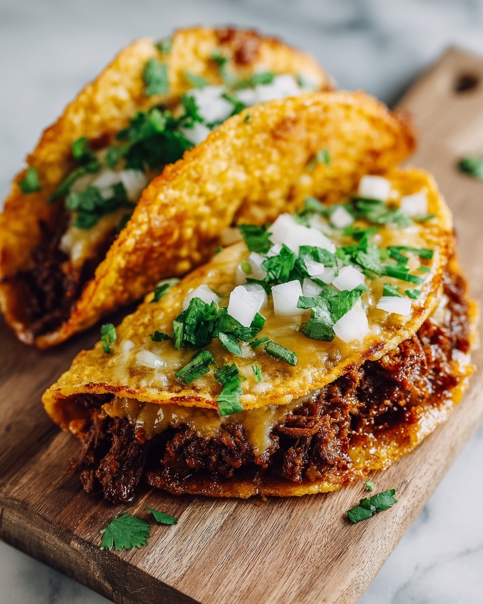 A close-up of a crispy taco folded in half on a wooden board with a white marbled background, showing three visible layers: the outer golden-brown crispy tortilla with a crunchy texture, a middle layer of dark shredded meat, and a topping layer of finely chopped white onions and green cilantro leaves scattered on top and around. The taco edges are slightly browned and crisp, with pieces of cilantro on the board and background. photo taken with an iphone --ar 4:5 --v 7