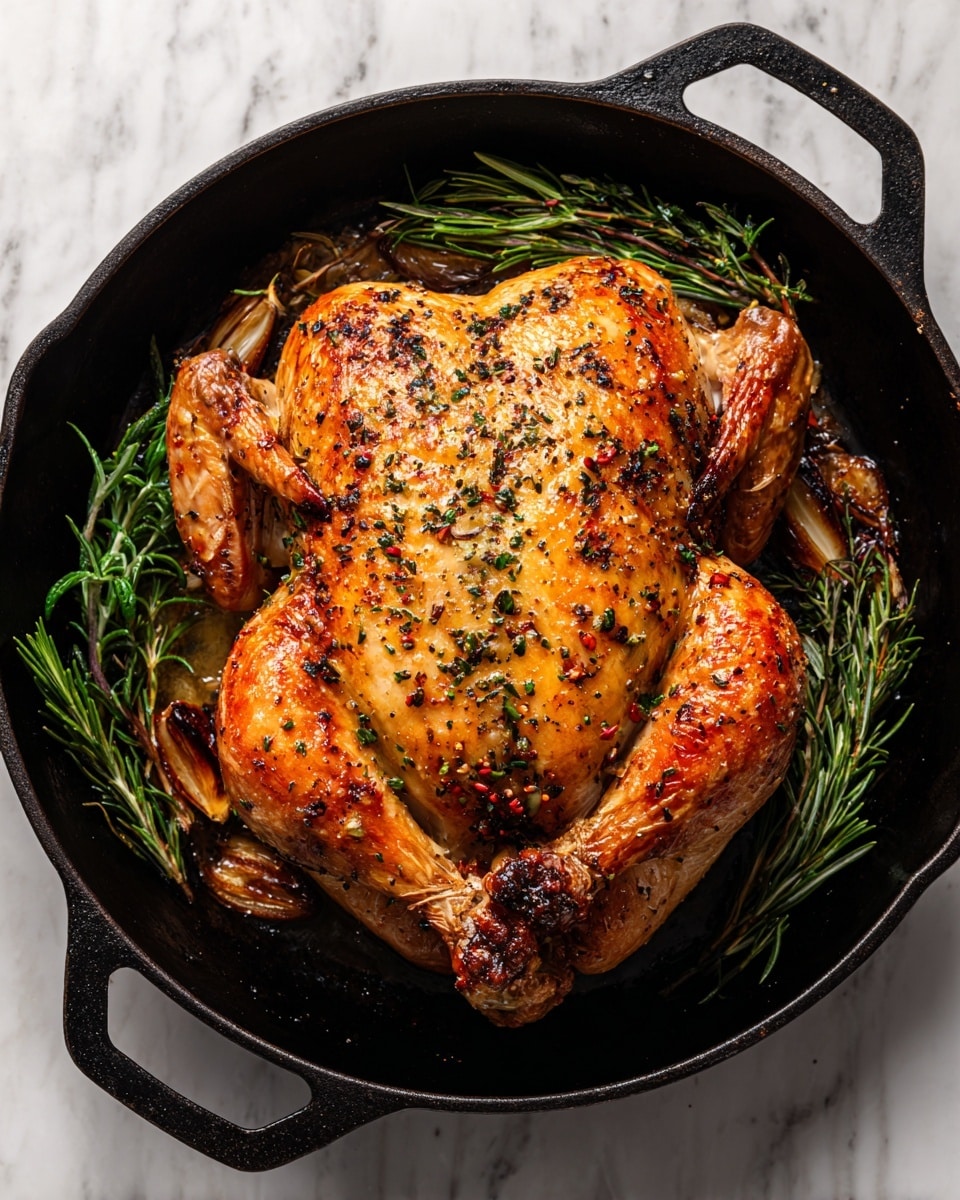 A whole roasted chicken sits in a black cast iron pan on a white marbled surface. The chicken’s skin is golden brown and slightly crispy with visible herbs and seasoning, including small green and red specks. Around the chicken, there are browned garlic cloves and sprigs of fresh green rosemary. The chicken’s legs and wings are tucked in, showing a juicy and tender texture beneath the crispy skin. photo taken with an iphone --ar 4:5 --v 7