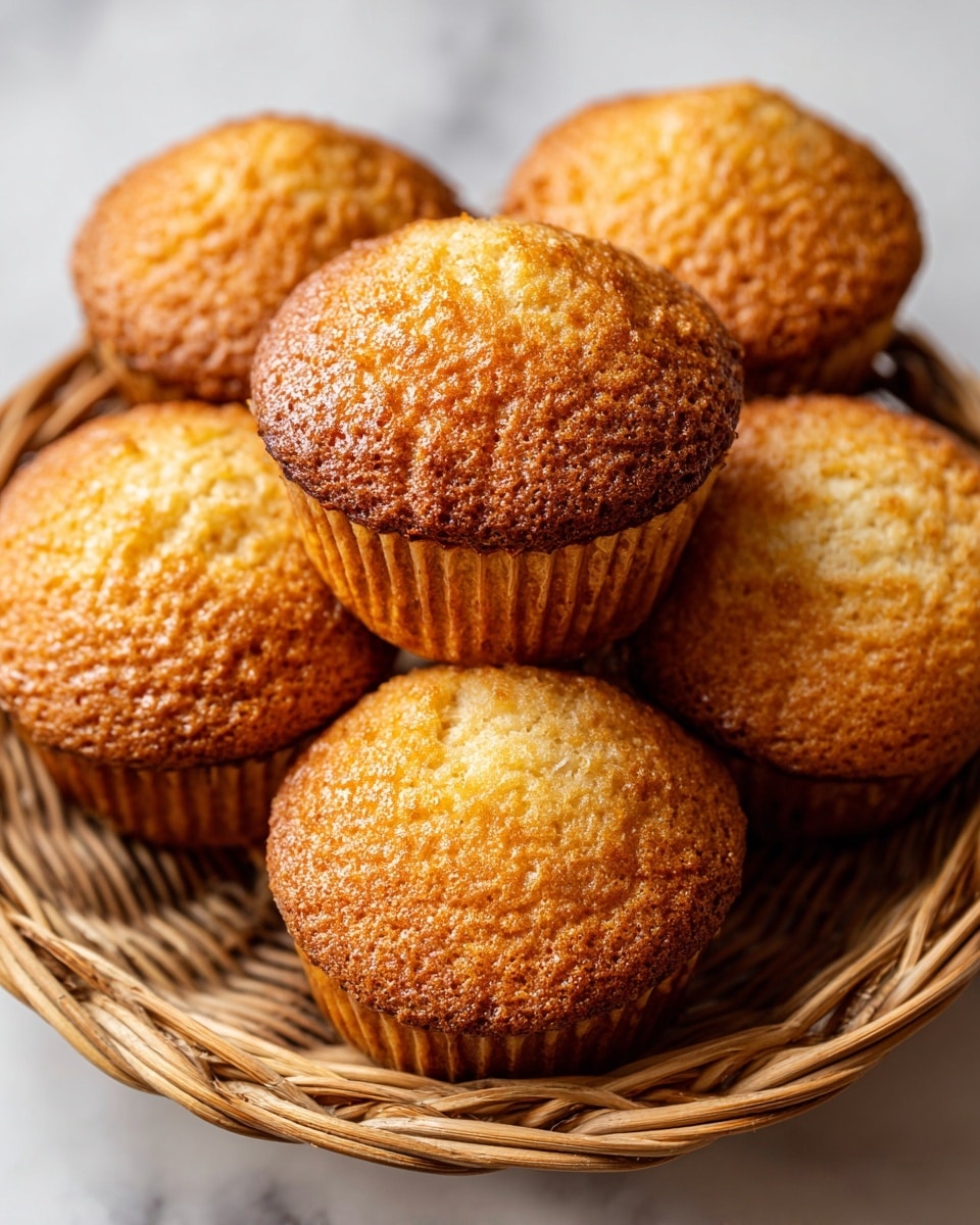 The image shows six golden brown muffins placed closely together in a light brown woven basket, with a soft light highlighting their slightly uneven, crispy tops. The muffins have a rough texture with small cracks on the surface, indicating a fresh bake. The basket sits on a white marbled surface, and the background is gently blurred to focus on the muffins. The colors are warm with a cozy feel, and the overall look is simple and inviting. photo taken with an iphone --ar 4:5 --v 7