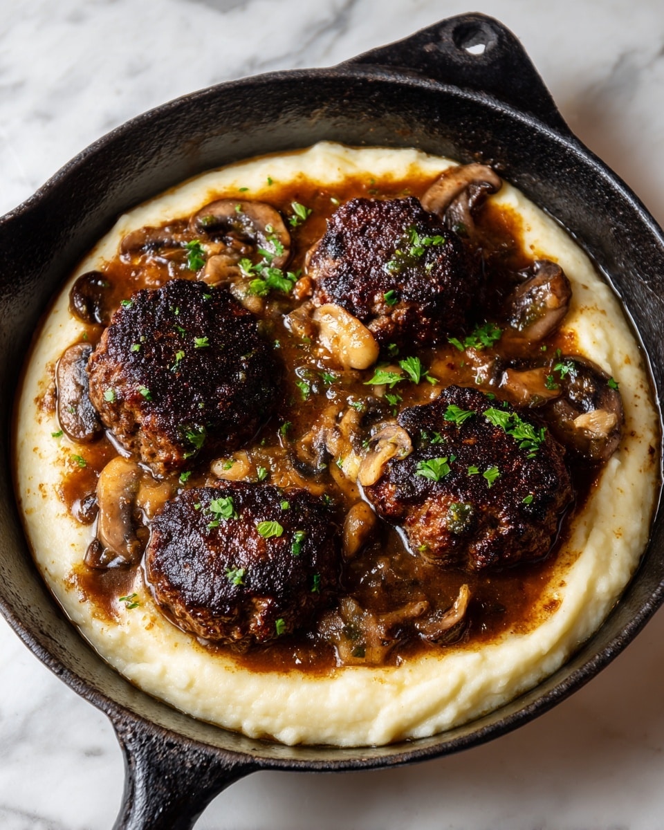 Four thick, round brown meat patties with a charred texture sit on a bed of creamy white mashed potatoes. The patties are covered with a rich, glossy brown mushroom gravy that has visible cooked mushroom slices and small green parsley pieces sprinkled on top. The dish is served in a black skillet, and the background is a white marbled texture. photo taken with an iphone --ar 4:5 --v 7