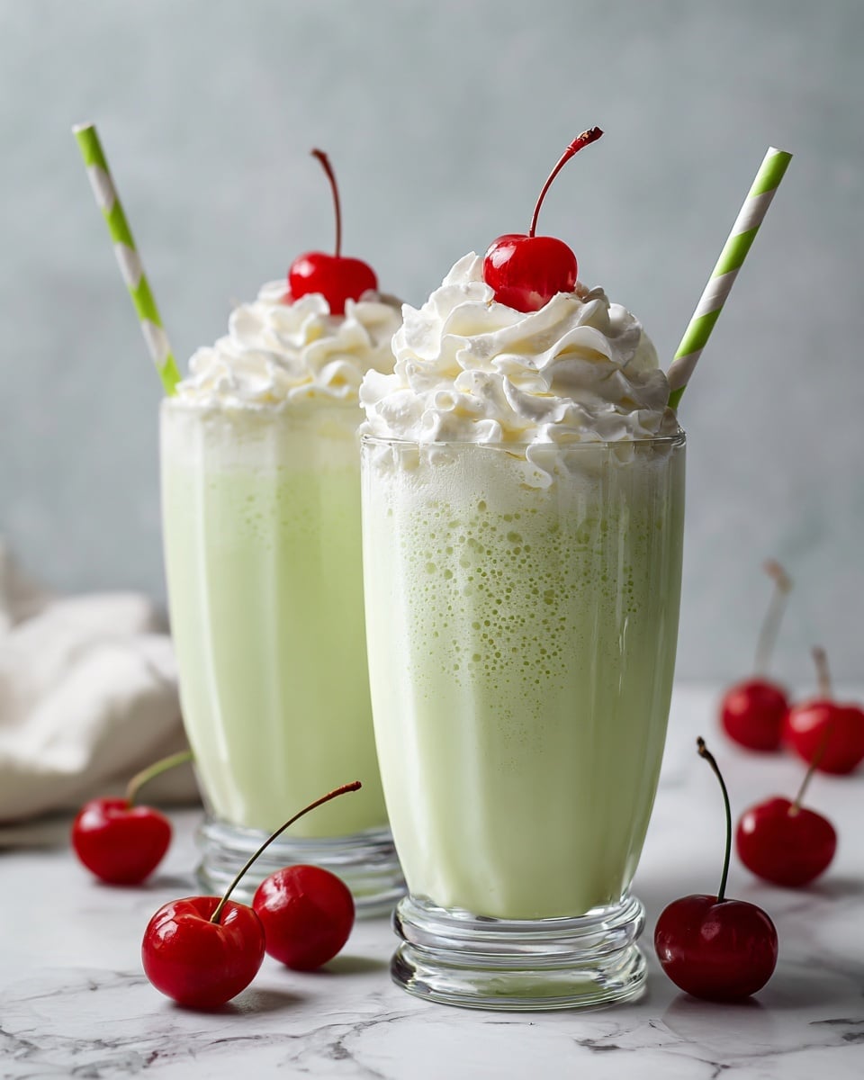 Two tall clear glasses each hold a bright light green milkshake with a frothy foam layer on top, showing small bubbles and a slightly darker green tint near the surface. Above the foam is a large swirl of white whipped cream with a soft and fluffy texture, topped with a shiny, bright red cherry with a stem. Each glass has two green and white striped straws placed slightly angled inside the whipped cream. In front of the glasses, two more red cherries rest on a white marbled surface, which contrasts the colors nicely. The photo taken with an iphone --ar 4:5 --v 7