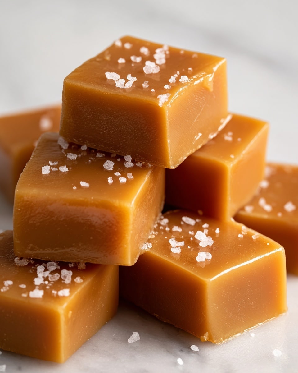 A close-up view of several square caramel candies arranged closely together, each piece smooth and shiny with a rich golden brown color. The top surface of each caramel is topped with small, coarse salt crystals that add texture and contrast to the glossy caramel. The candies have clean, sharp edges and their soft texture is visible in some pieces, showing slight surface wrinkles. The background is a white marbled texture, enhancing the warm tones of the caramel. Photo taken with an iphone --ar 4:5 --v 7