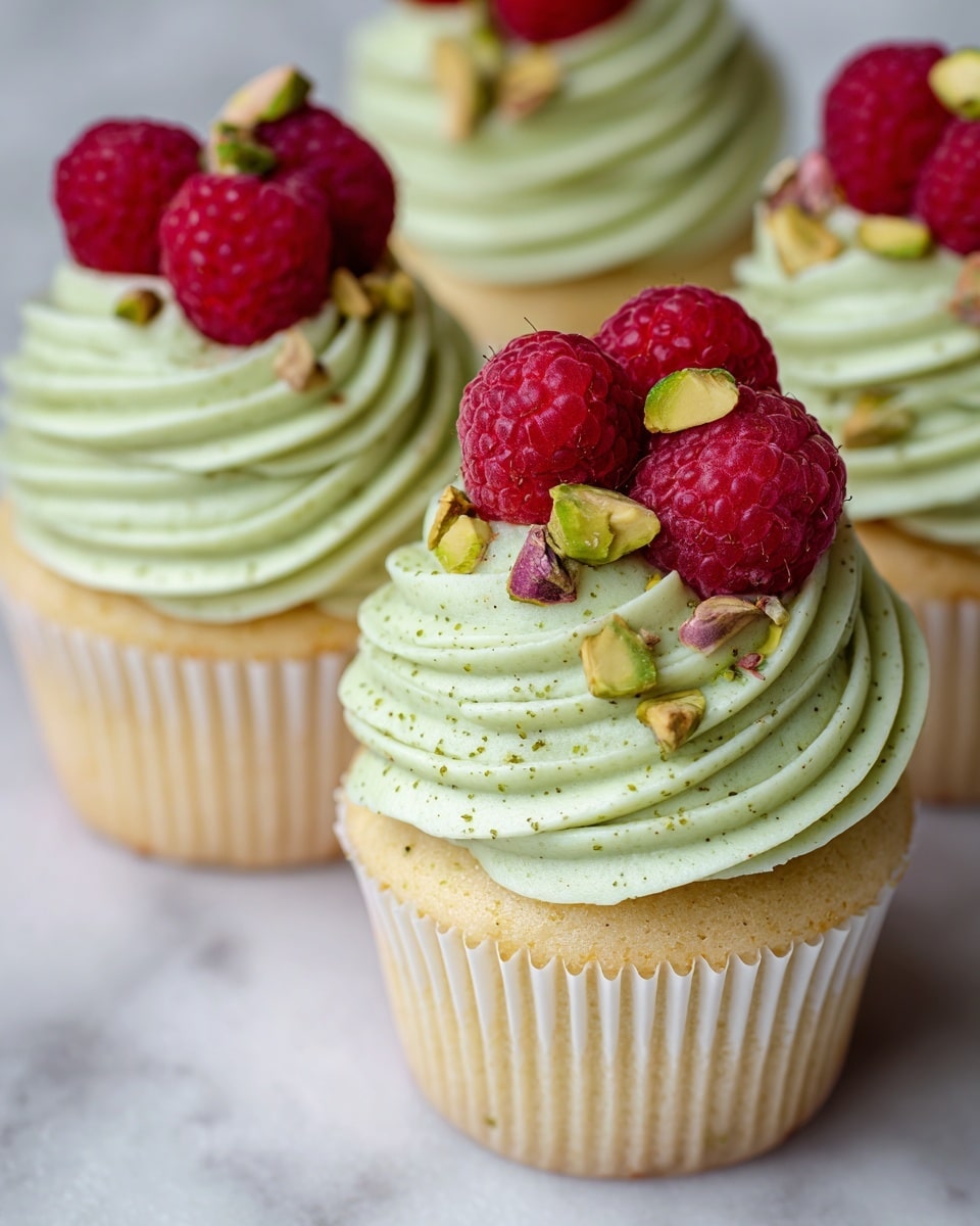 A close-up view of three cupcakes with a light yellow cake base wrapped in white paper liners. Each cupcake has one thick layer of smooth, light green frosting swirled on top in a spiral pattern with tiny specks. Atop the frosting, there are bright red raspberries placed in a group of three, along with small pieces of chopped pistachio nuts scattered around the berries. The cupcakes are set on a surface with a white marbled texture. The photo taken with an iphone --ar 4:5 --v 7