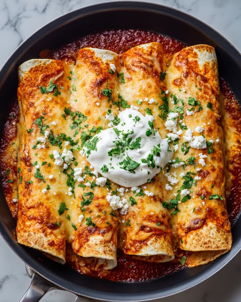 Four rolled enchiladas with a soft, lightly browned white tortilla layer are laid side by side in a black pan. They are covered with a layer of melted, stringy, light yellow cheese and bright reddish-orange sauce that pools around the edges. A dollop of smooth, white sour cream sits in the center on top of the enchiladas. Fresh green chopped cilantro is sprinkled over the enchiladas and sour cream, with some small white crumbly cheese scattered nearby. The pan rests on a white marbled surface. photo taken with an iphone --ar 4:5 --v 7
