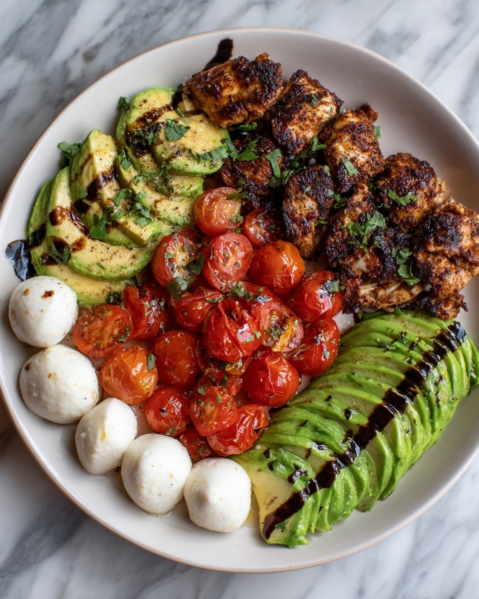 The image shows a colorful plate with different foods arranged in layers on a white plate. The first layer includes grilled chicken pieces with a dark brown, crispy texture and some green herbs sprinkled on top. To one side, there are slices of bright green avocado with grill marks, giving it a slightly charred look. On the other side, there are small red cherry tomatoes, some of them cut in half, adding a pop of color. At the bottom of the plate, round white mozzarella balls are lined up, drizzled with a dark balsamic glaze that creates a shiny, textured look. The whole dish sits on a white marbled surface. Photo taken with an iphone --ar 4:5 --v 7