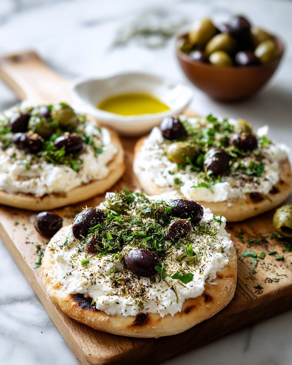 The image shows three small round flatbreads with a light golden crust, some parts charred slightly. Each flatbread has one thick layer of white, creamy ricotta cheese spread over the center. On top of the cheese, there are scattered green and black olives, chopped fresh green herbs, and a sprinkle of dried herbs and black pepper. The flatbreads are placed closely together on a wooden board with a blurred bowl of olives and olive oil in the background. The scene is set on a white marbled surface. photo taken with an iphone --ar 4:5 --v 7