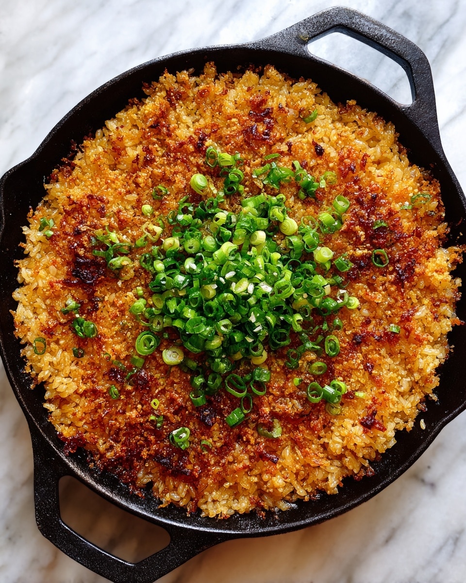 A black cast iron pan filled with one layer of golden-brown crispy rice that looks crunchy and cooked evenly, topped in the center with a pile of chopped green onions adding a fresh green color contrast. The pan is placed on a white marbled surface, emphasizing the crisp texture and vibrant colors of the dish. photo taken with an iphone --ar 4:5 --v 7