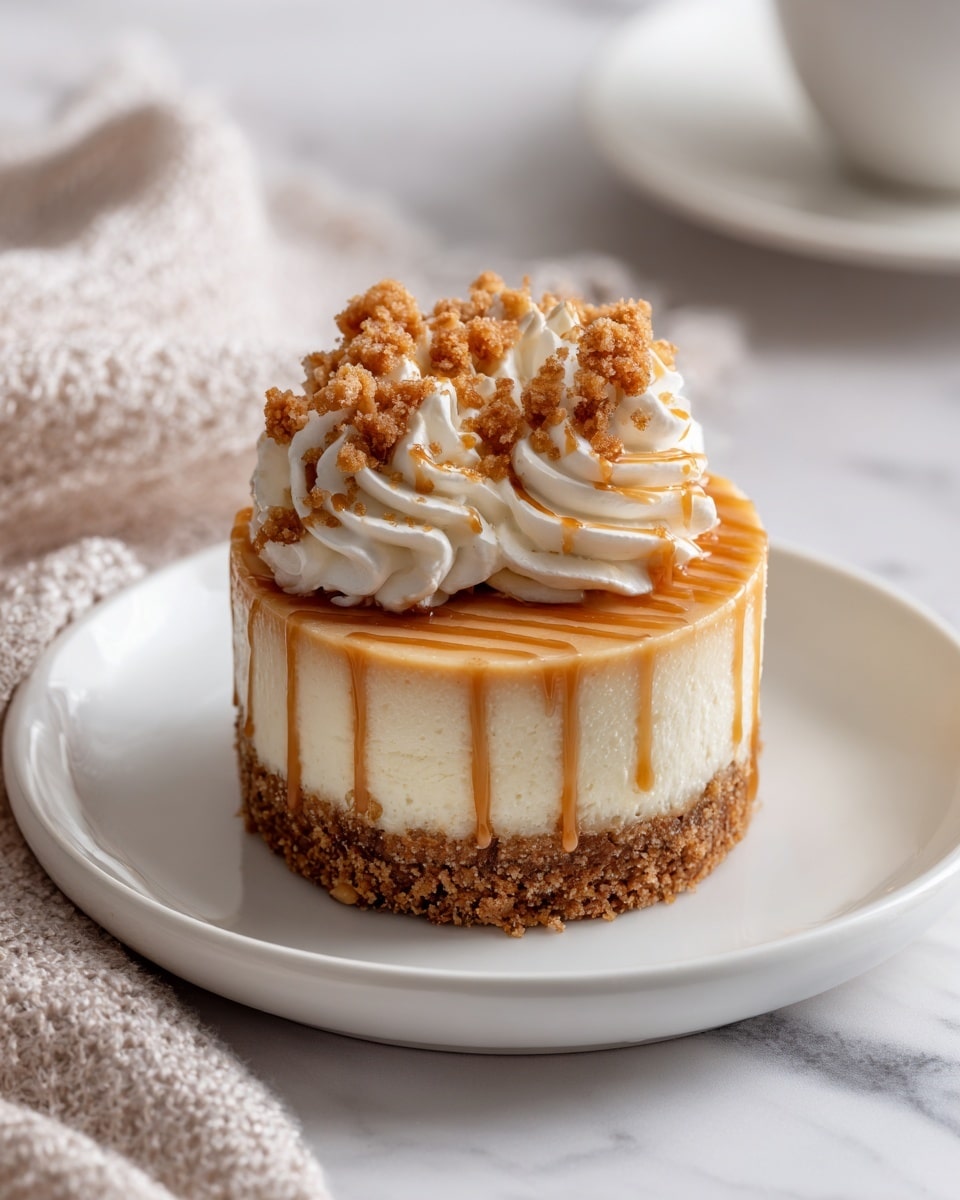 A small round cheesecake with three clear layers on a white plate; the bottom layer is a crumbly brown crust, the middle layer is thick and creamy off-white cheesecake, and the top layer is a smooth light caramel glaze. On top, there are two swirls of white whipped cream with crumbly brown pieces sprinkled over them and a caramel drizzle in thin lines crossing the top. The plate sits on a white marbled surface with a soft textured fabric nearby. Photo taken with an iphone --ar 4:5 --v 7