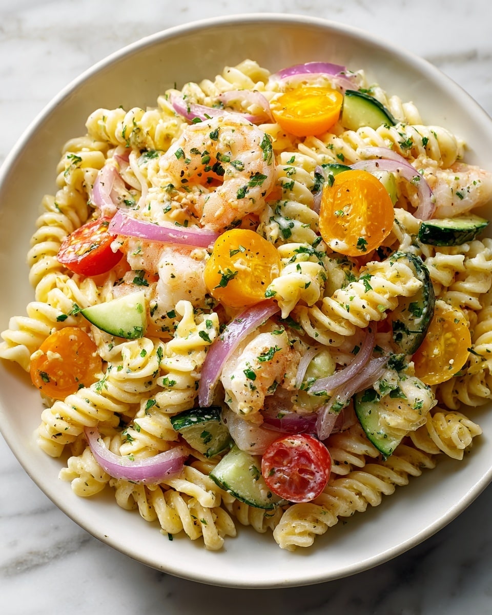 The image shows a close-up of a white plate filled with a colorful pasta salad made with spiral rotini pasta. The salad has several layers: the pasta forms the base layer with a light cream sauce that coats it. On top, there are slices of bright orange and yellow cherry tomatoes, thin slices of red onion, chunks of light green cucumber, and pieces of pale orange cooked shrimp. The dish is sprinkled evenly with chopped green parsley for a fresh, vibrant look. The background is a white marbled surface. Photo taken with an iphone --ar 4:5 --v 7