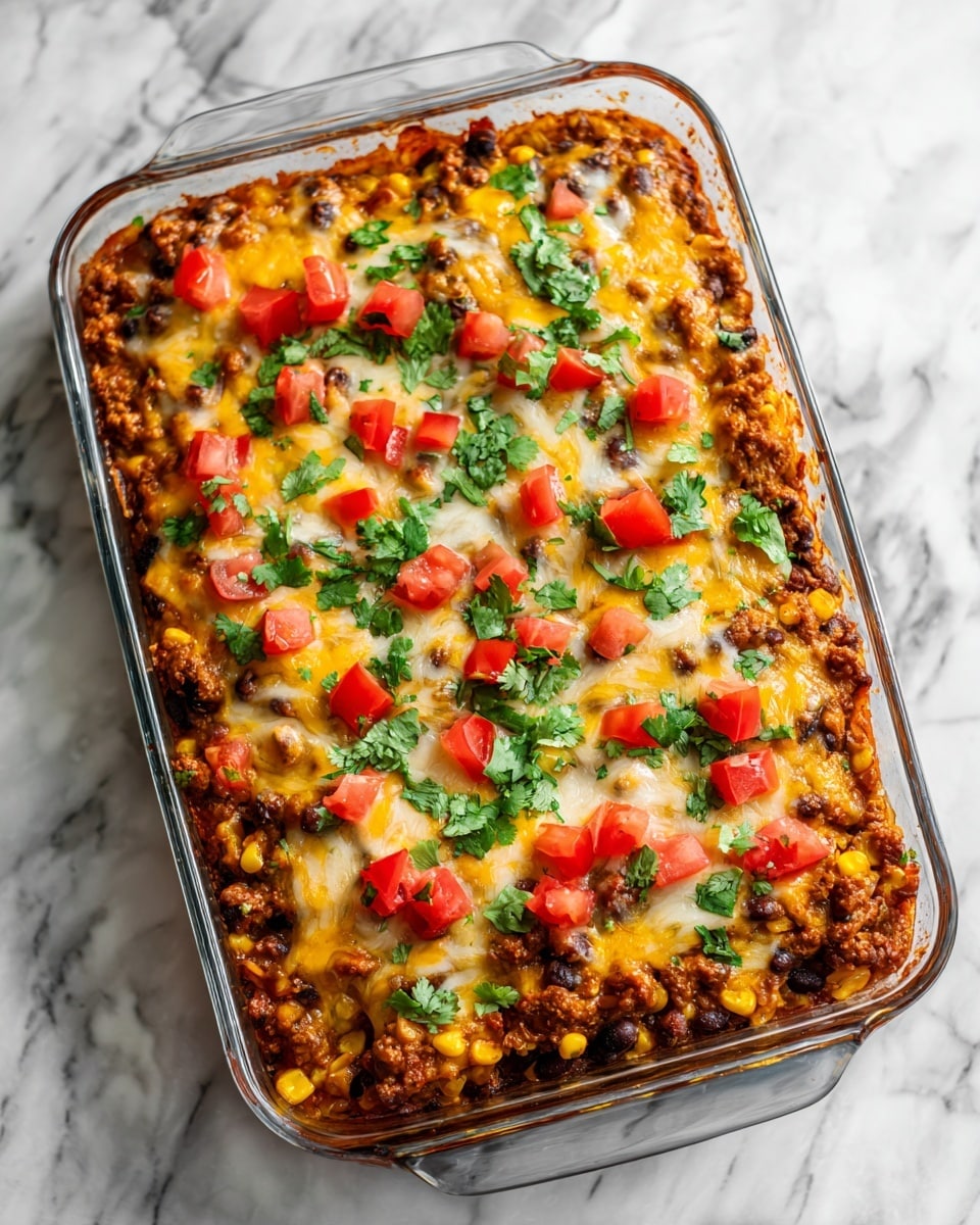 A clear glass baking dish filled with a layered casserole placed on a white marbled surface. The bottom layer is a chunky, brown cooked meat mixed with black beans and some corn, topped with a thick layer of melted yellow cheese covering the entire dish. Bright red diced tomatoes and fresh green cilantro leaves are scattered evenly across the top, adding a fresh pop of color. The texture looks creamy and hearty with bits of melted cheese bubbling at the edges. The light reflects softly off the glass dish, showing the layers inside clearly. Photo taken with an iphone --ar 4:5 --v 7