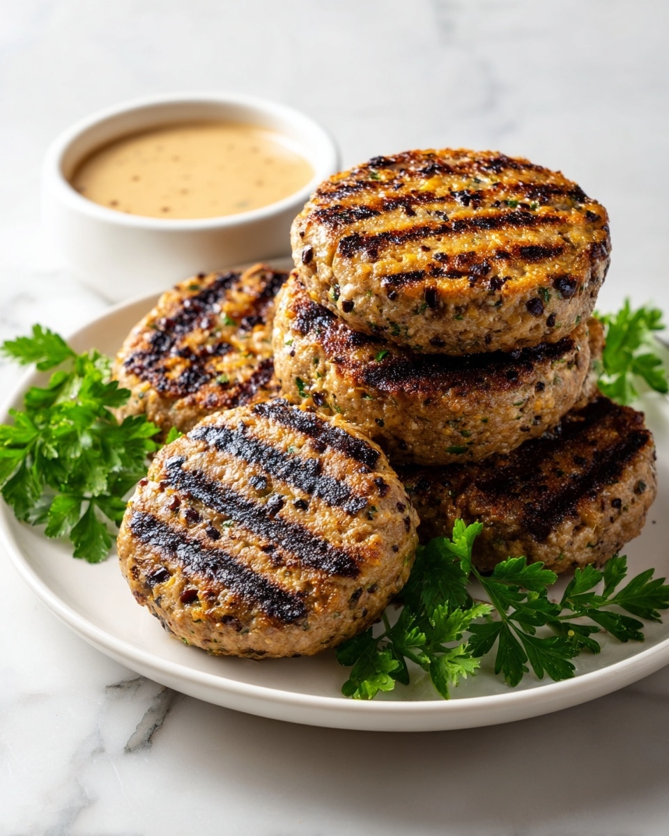 A white plate with five round grilled patties stacked in two layers; three patties are placed at the bottom and two on top, all showing clear dark grill marks with a golden brown and slightly charred texture. Each patty has a speckled look from herbs and small ingredients mixed inside, giving a fresh, slightly uneven surface. To the side of the plate are two small white bowls, one with a creamy beige sauce with visible herbs and the other with a smooth, thick light brown sauce. Fresh green parsley leaves are placed around the patties for a pop of color. The plate sits on a white marbled surface. photo taken with an iphone --ar 4:5 --v 7