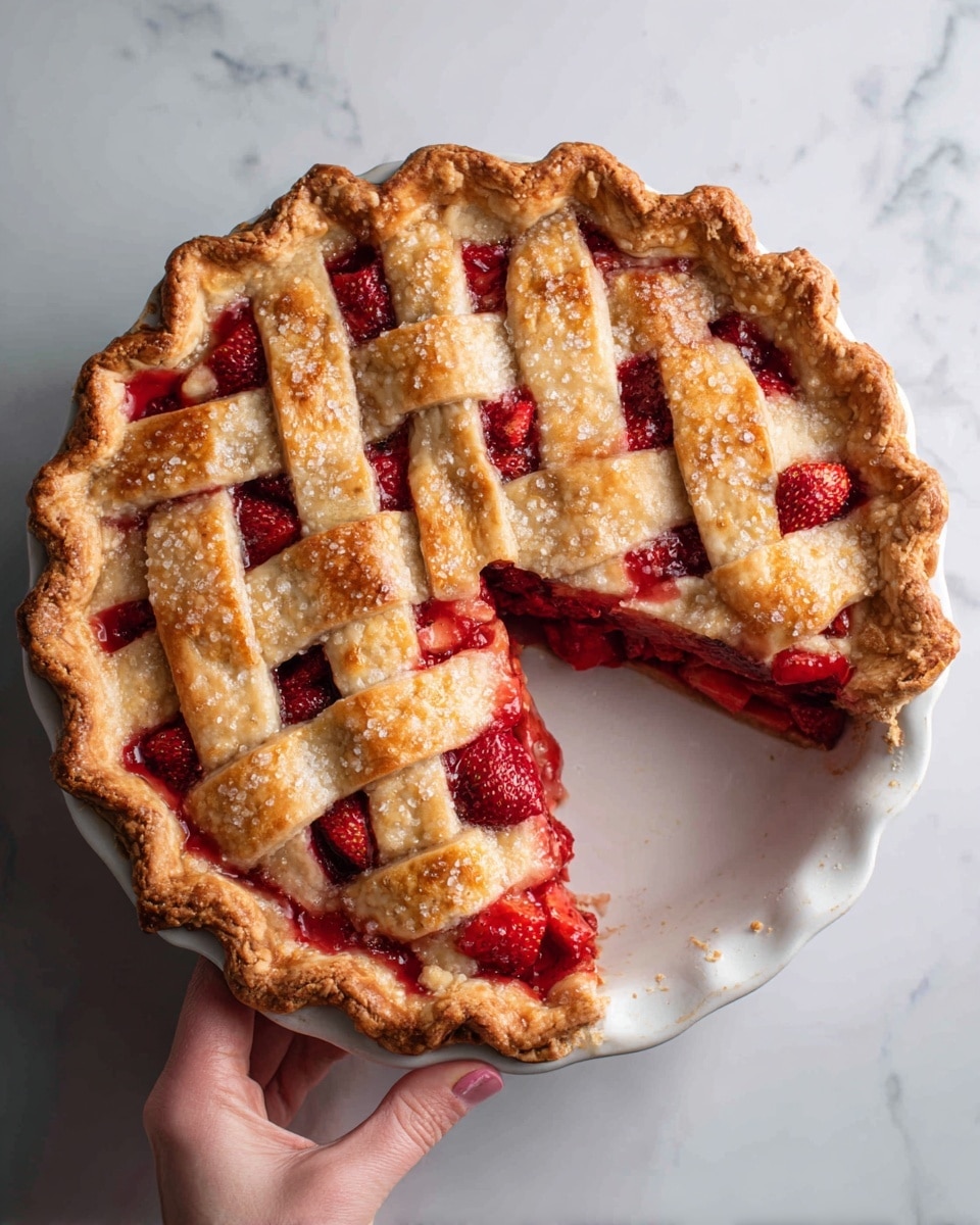 A white pie dish holds a sliced apple pie with a golden brown lattice crust on top, showing the shiny red apple filling inside. The crust looks crispy with a sugary sparkle, and the apples appear soft and juicy with bright red and pink hues. The pie sits on a white marbled surface with a soft, blurred background, and in the top left corner, part of a woman's hand reaches toward the dish. photo taken with an iphone --ar 4:5 --v 7